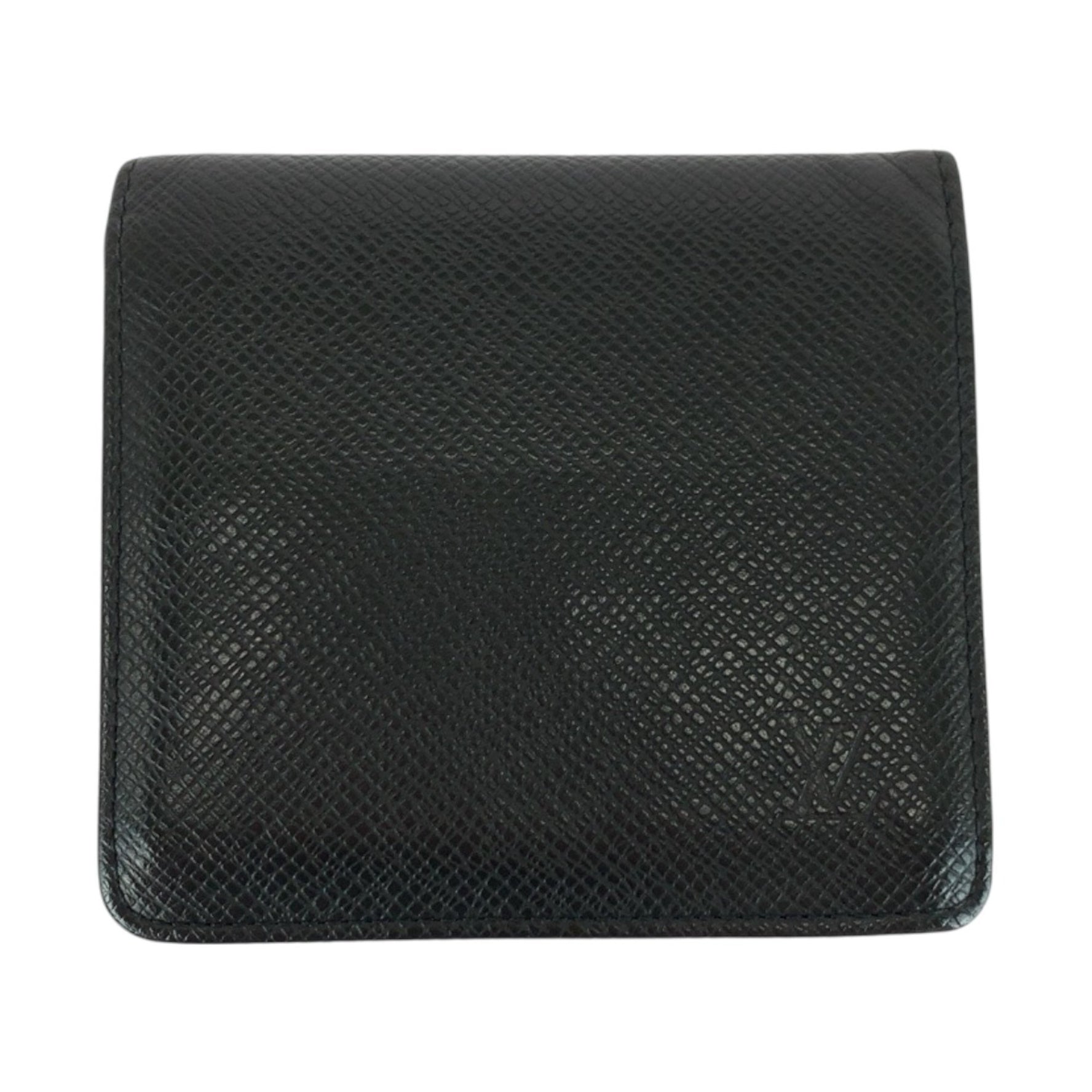 LOUIS VUITTON Taiga Porte Bier 3 Carte Credit Ardoise Black Leather Folding Wallet with Silver Hardware, Compact
