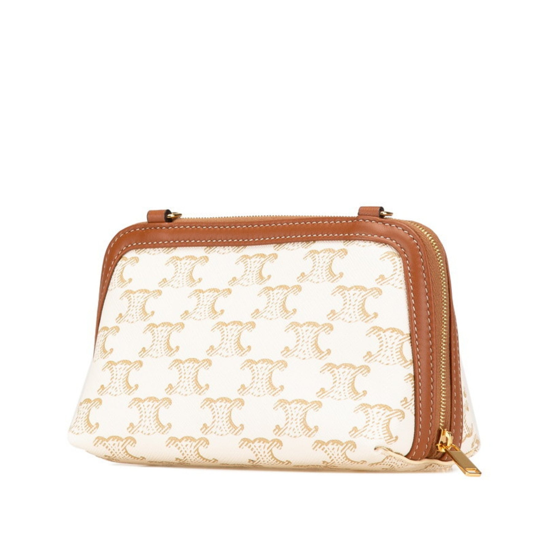 Celine Triomphe Chain Crossbody Shoulder Bag White Brown PVC Leather