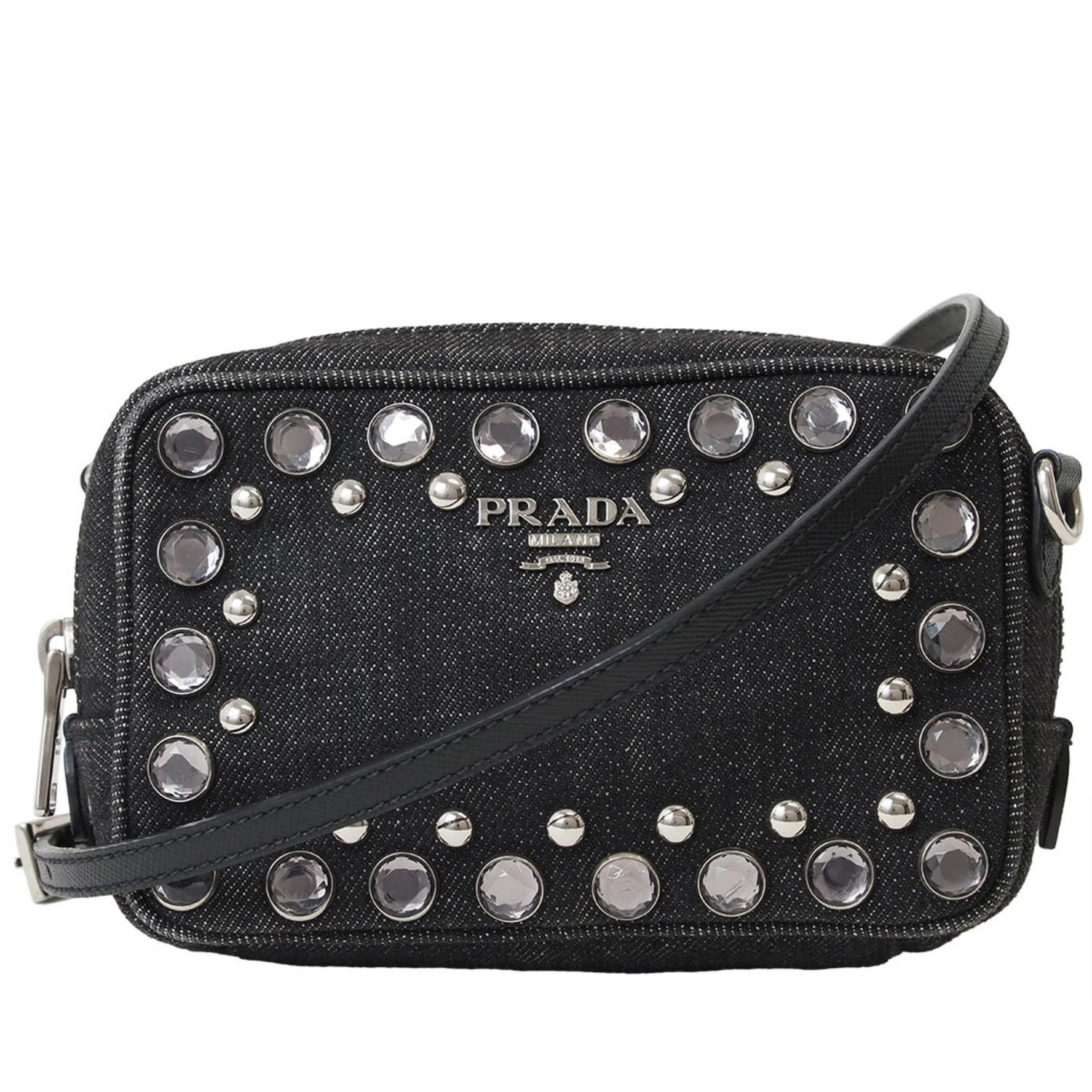 Prada Denim Studded Shoulder Bag Bags Pochettes Pouches