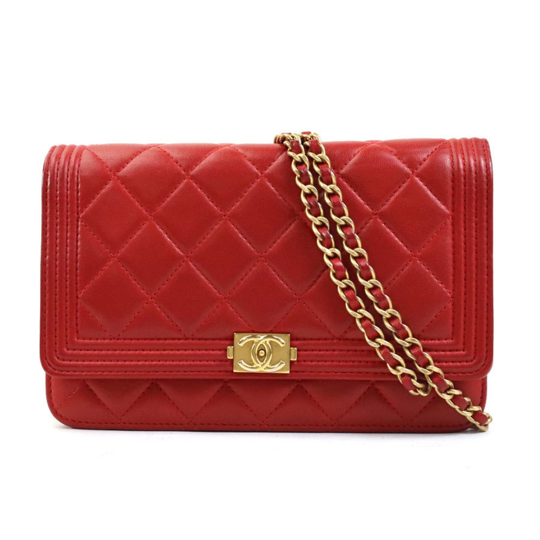 CHANEL Shoulder Bag Chain Wallet Boy Leather Metal Red Gold