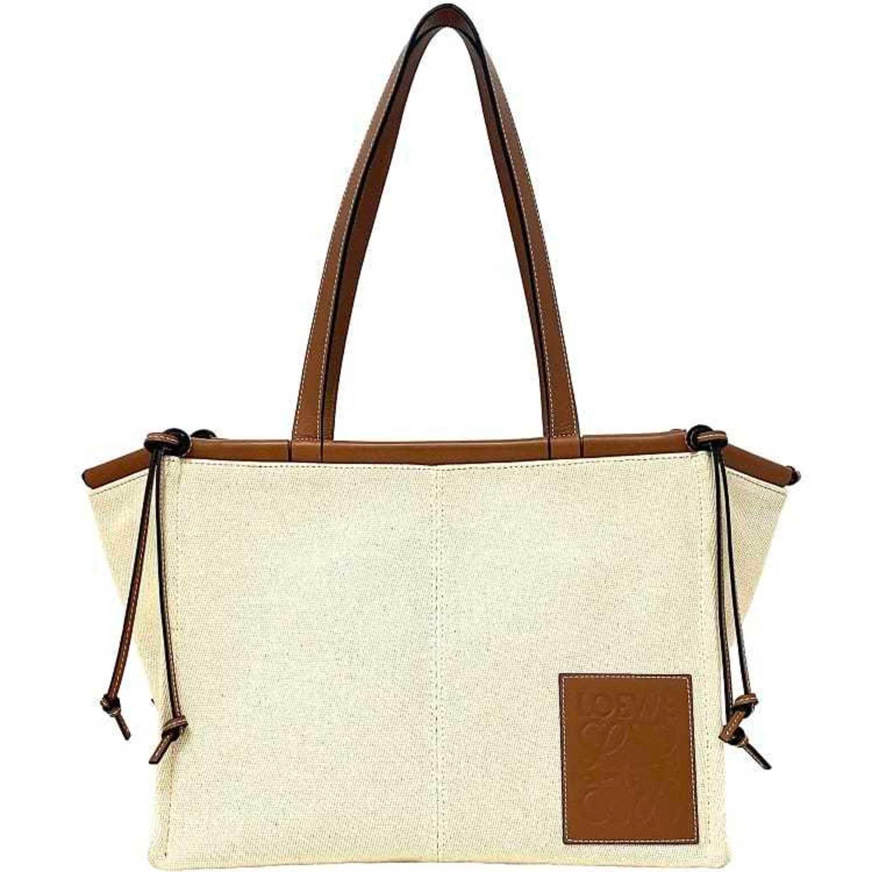 LOEWE Cushion Tote Small Natural Beige Brown Anagram Canvas Leather Ladies