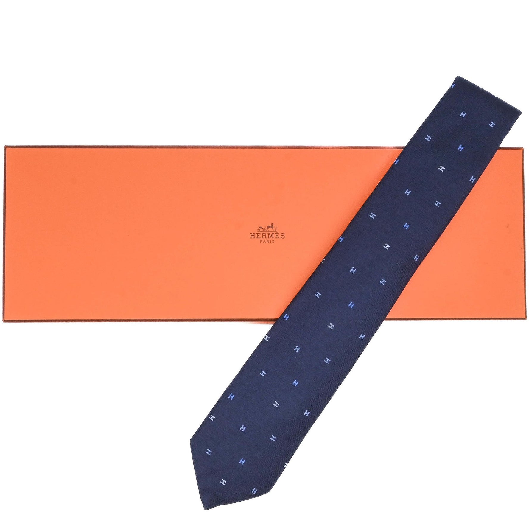 HERMES H Tie, Navy Blue, 100% Silk