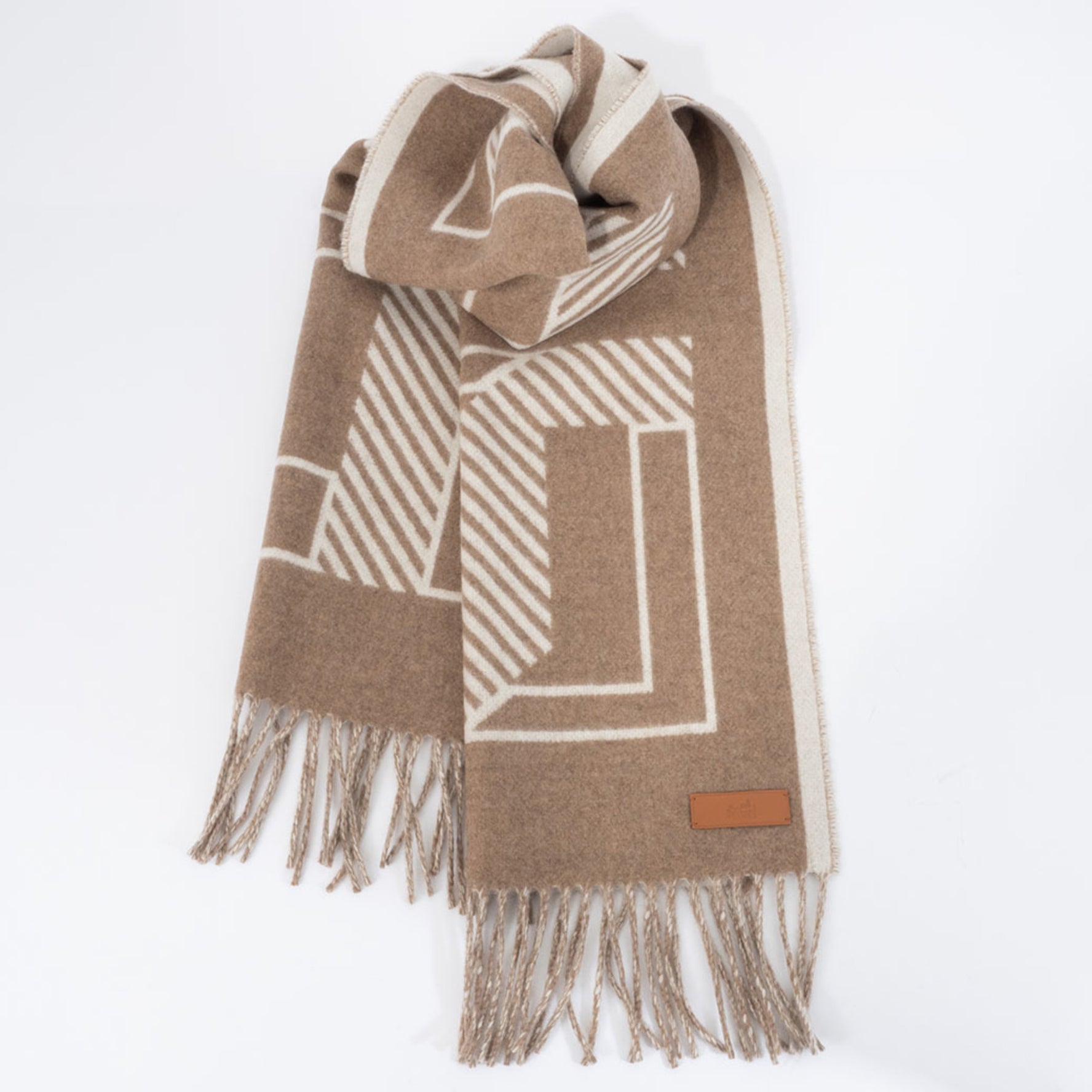 Hermes Cashmere Scarf "Lettre au Carré" Puce|Ivory Beige 02