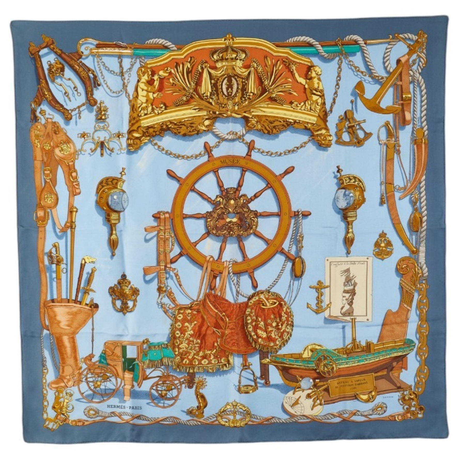 Hermes Hermès Carré 90 "BATEAU A VAPEUR DE JOUFFROY DABBANS 1784" Steamship Scarf, Blue, Brown, Multicolor, Silk