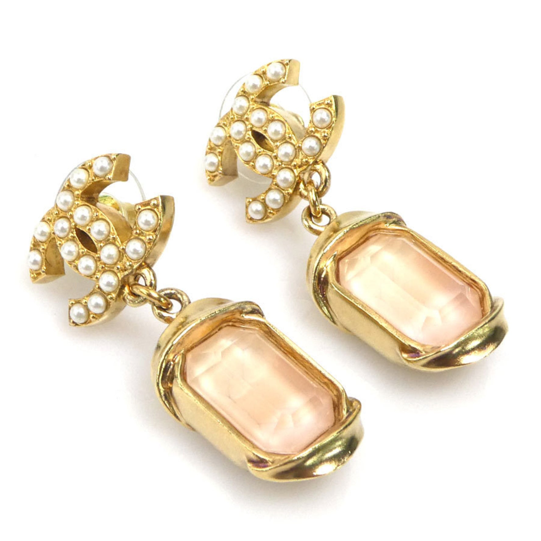 CHANEL Earrings Coco Mark Metal Faux Pearl Stone Gold Off-White Pink