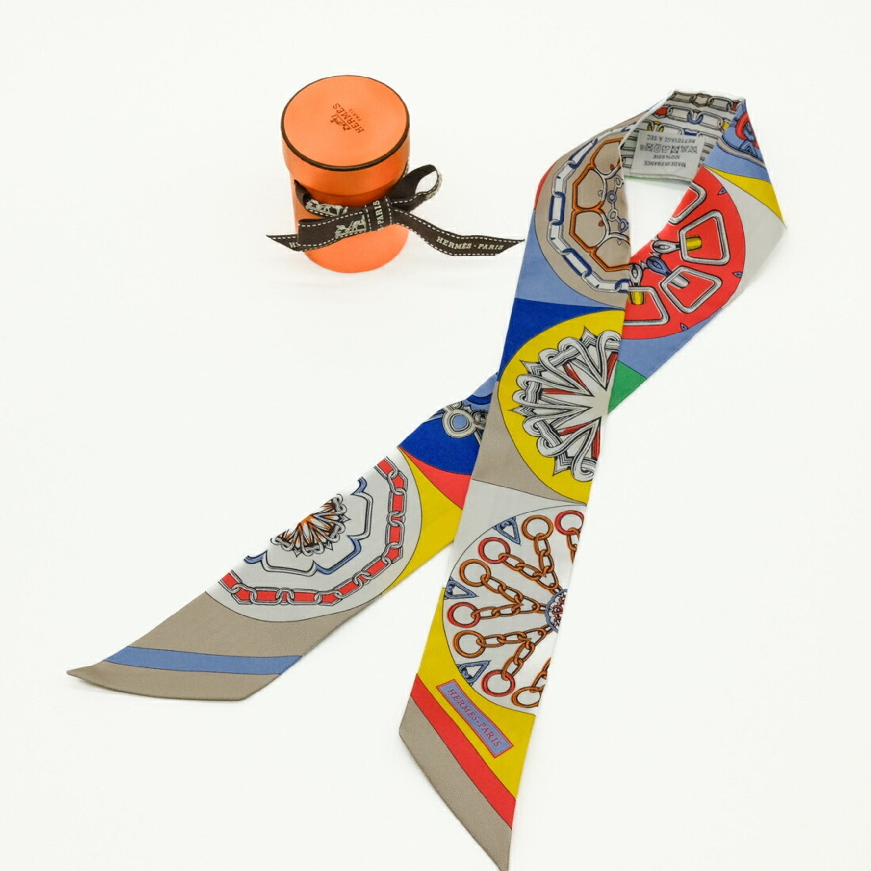 HERMES Scarf/Muffler Twilly Festival Kaleidoscope 100% Silk Multicolor Blue Red