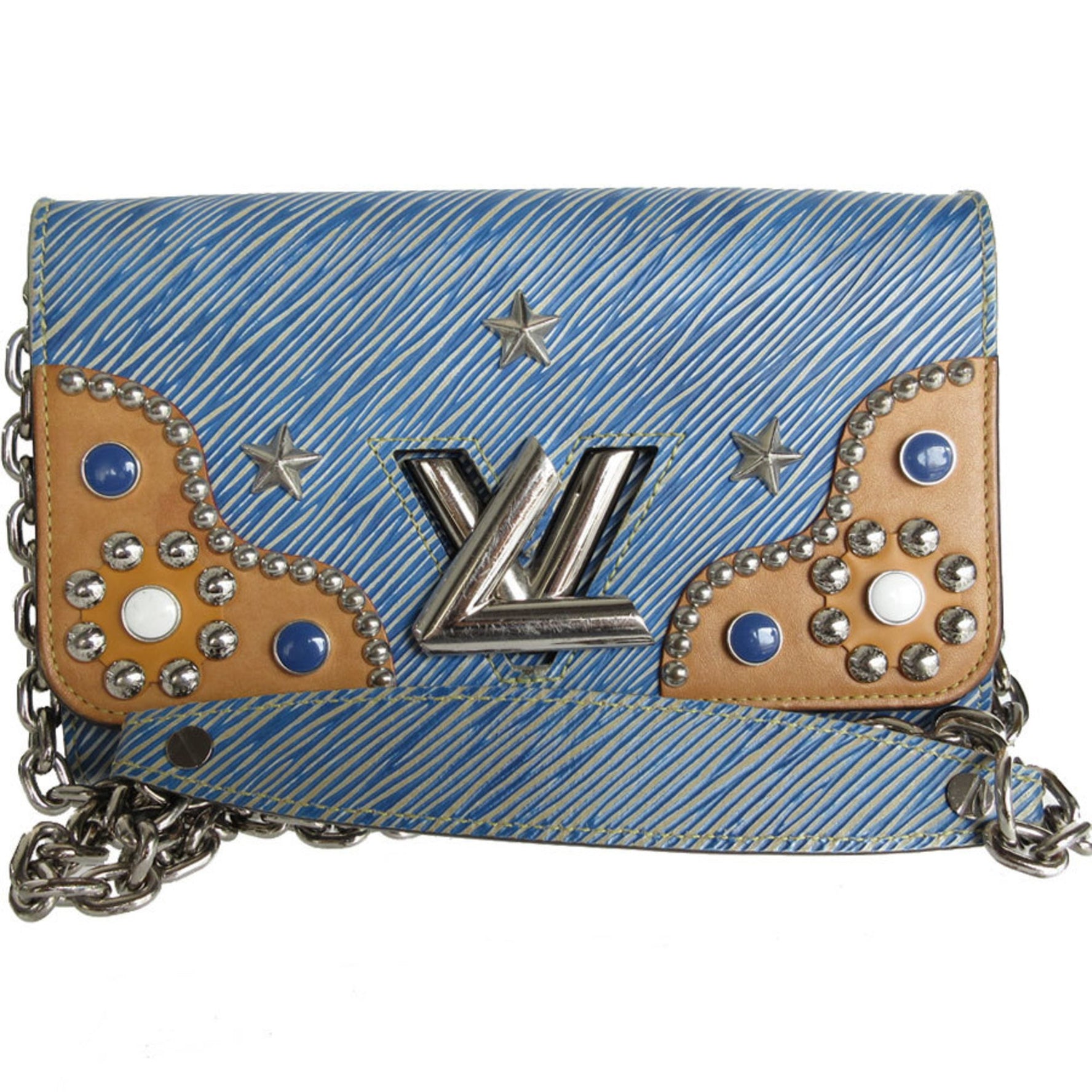 Louis Vuitton Wallet Chain Shoulder Bag Epi Portefeuille Twist Leather Blue Brown Silver
