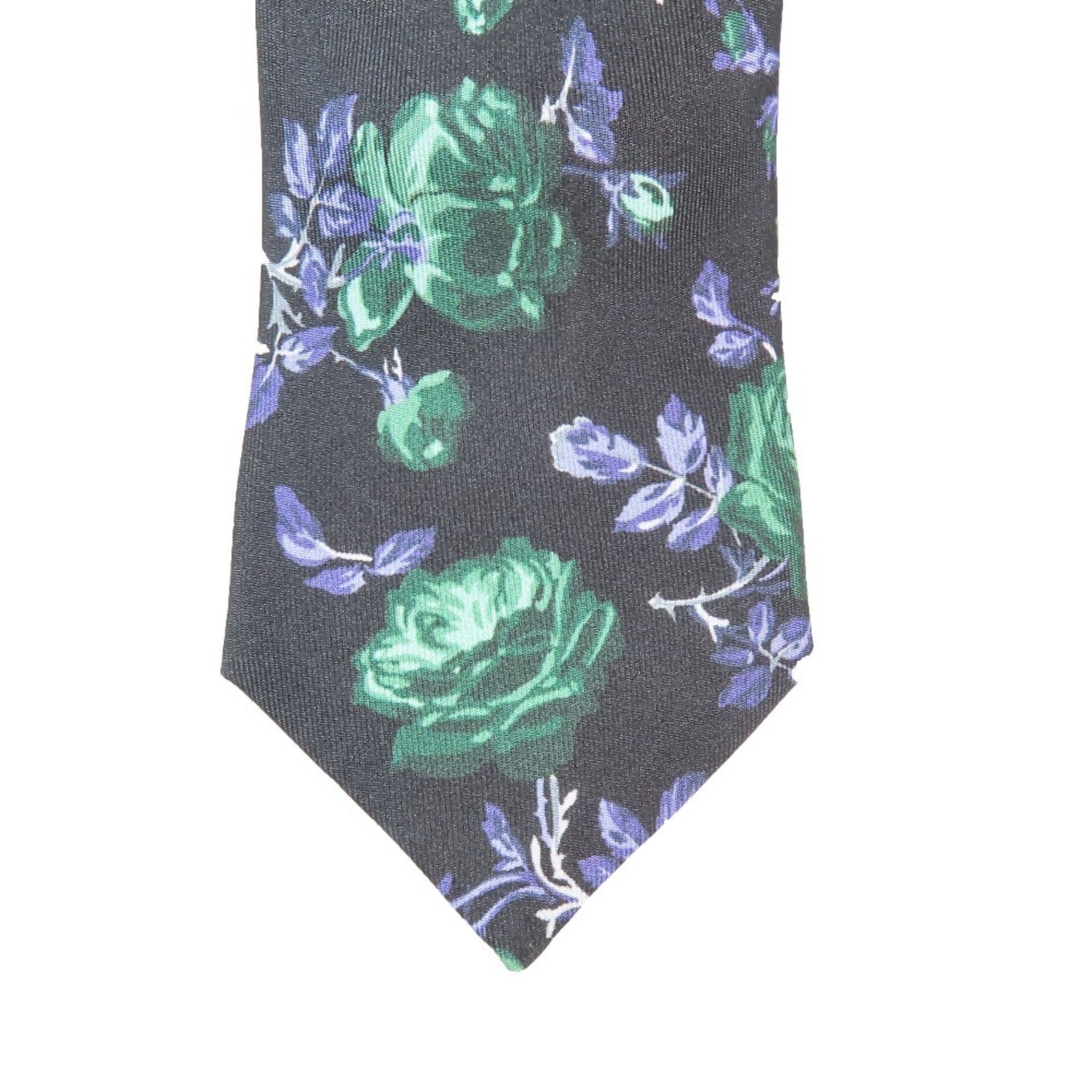 Christian Dior DIOR Jardin Narrow Tie Rose Logo Floral All-over Pattern Silk Black Blue Green