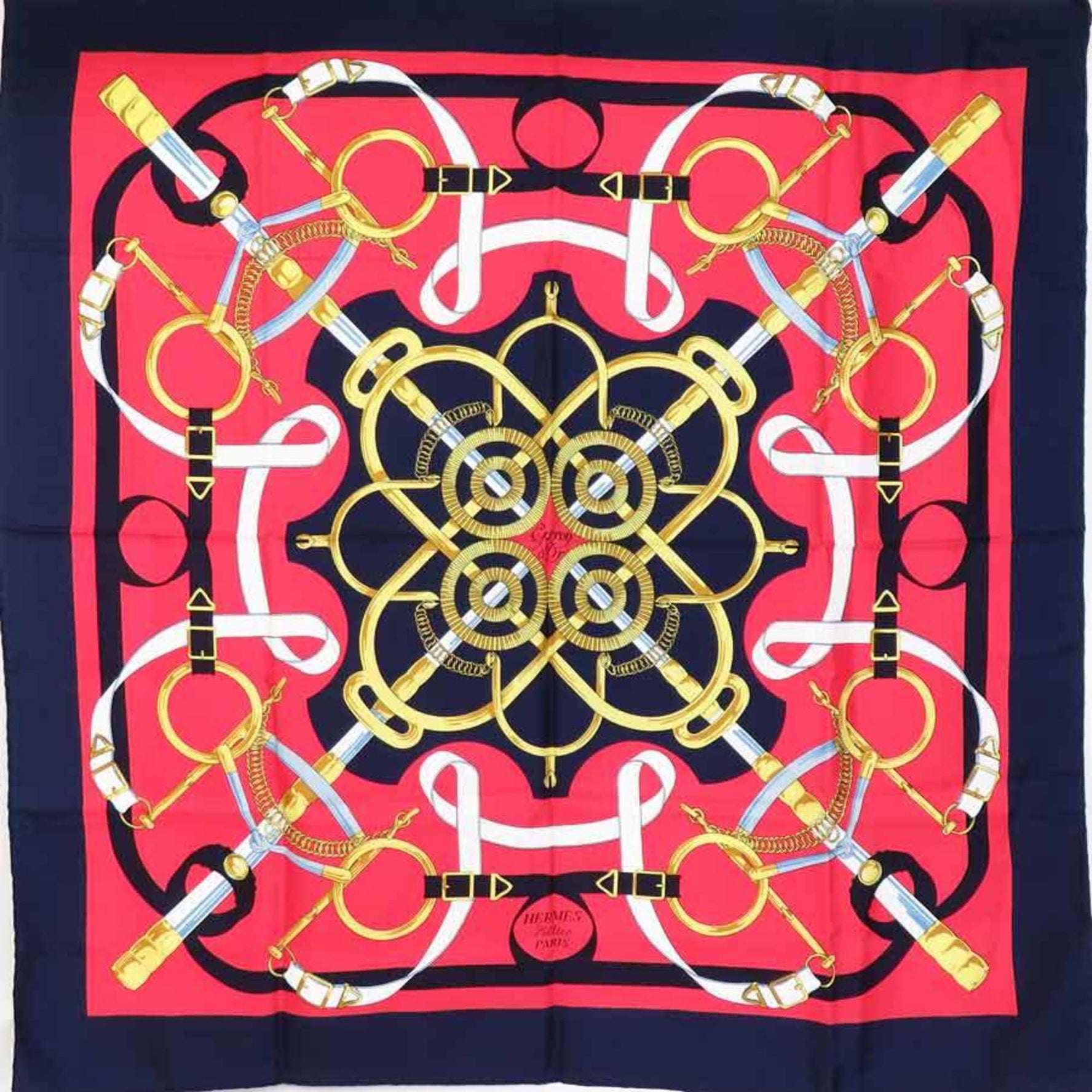 Hermes Scarf Muffler Carre 90 Silk Navy Red Multicolor