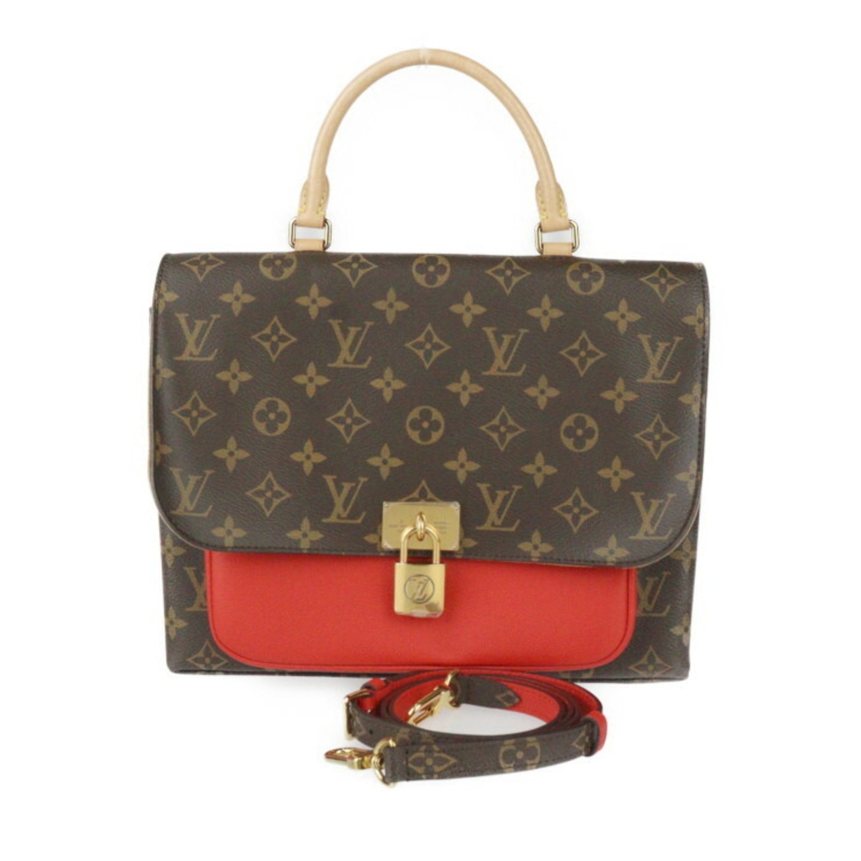 Louis Vuitton Marignan Monogram Handbag Leather Brown Coquelicot Shoulder Bag Red