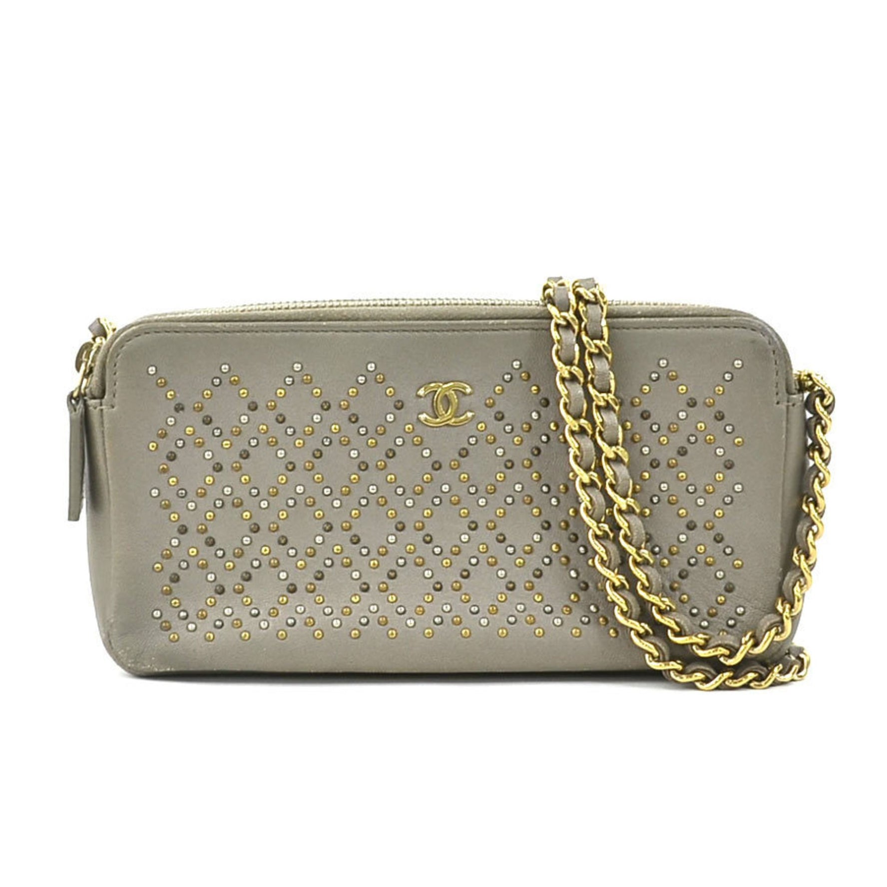 CHANEL Shoulder Bag Pochette Coco Mark Leather Grey