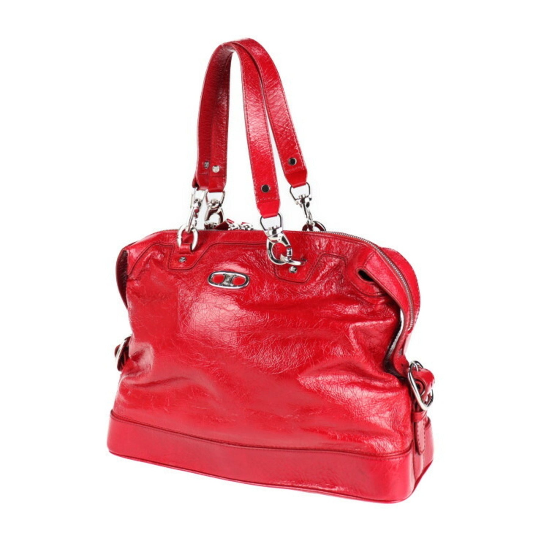CELINE shoulder bag patent leather red silver metal fittings semi-shoulder tote handbag