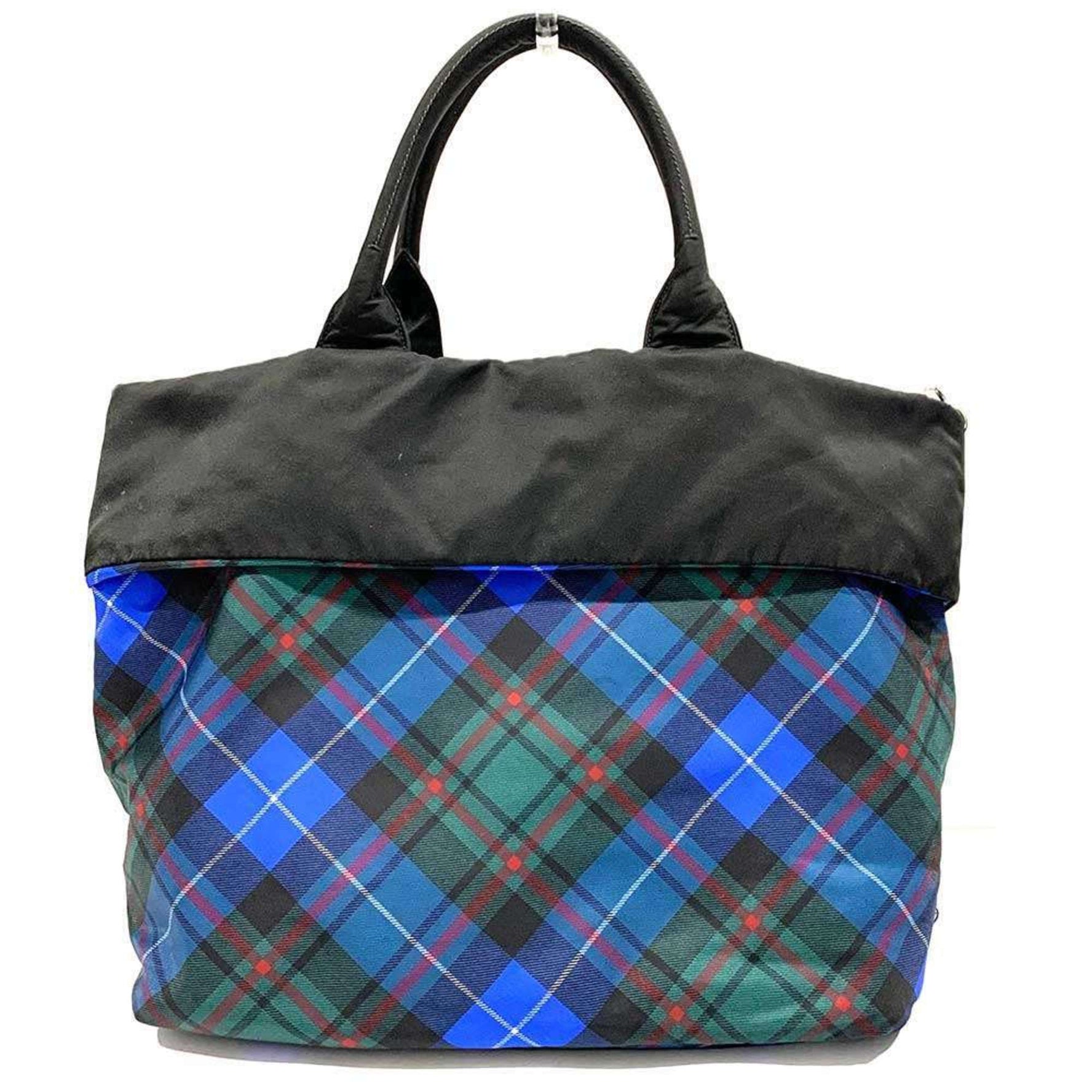 Prada Handbag Black Blue Nylon Leather Reversible Check Pattern Shoulder Bag
