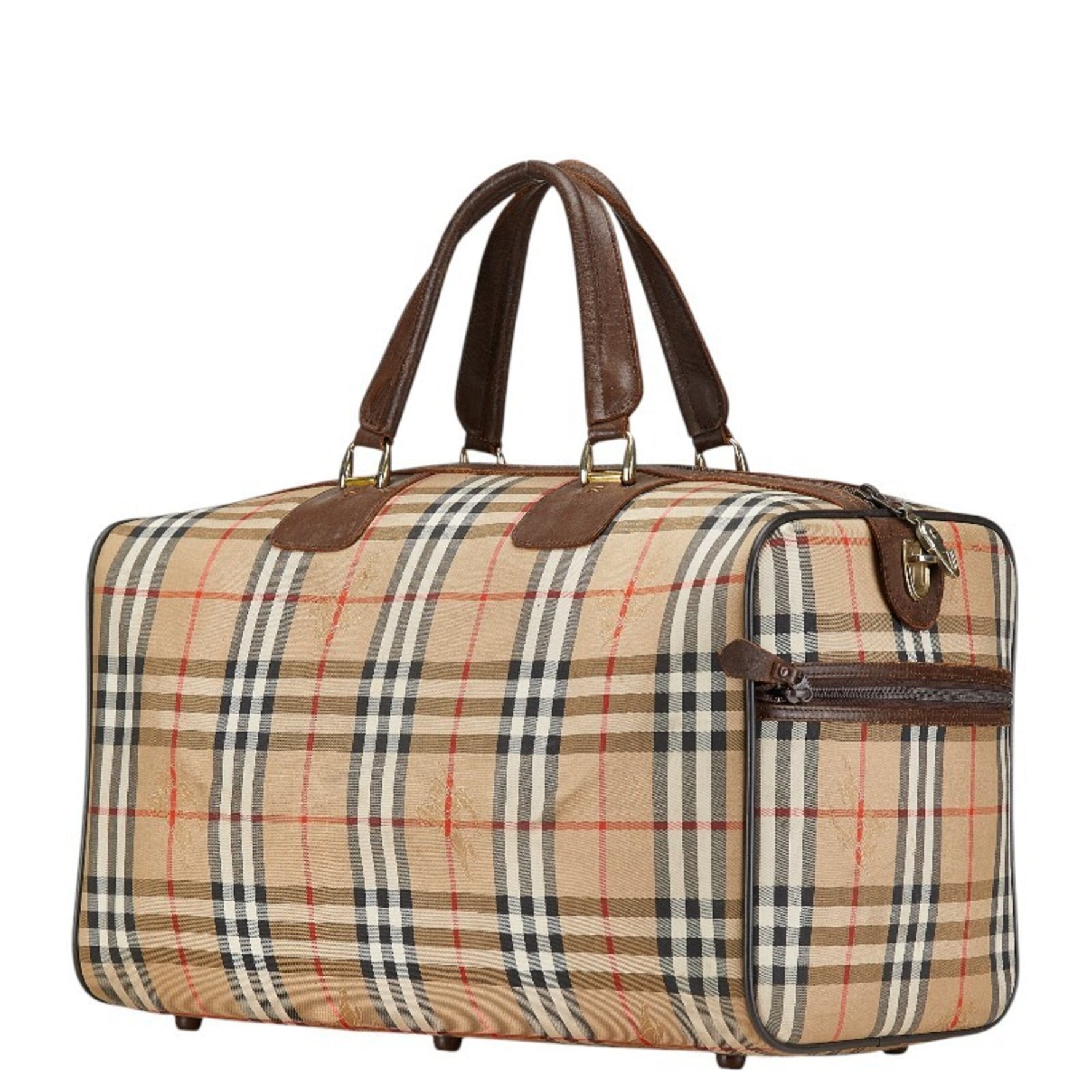 Burberry Nova Check Shadow Horse Boston Bag Travel Beige Brown Canvas Leather