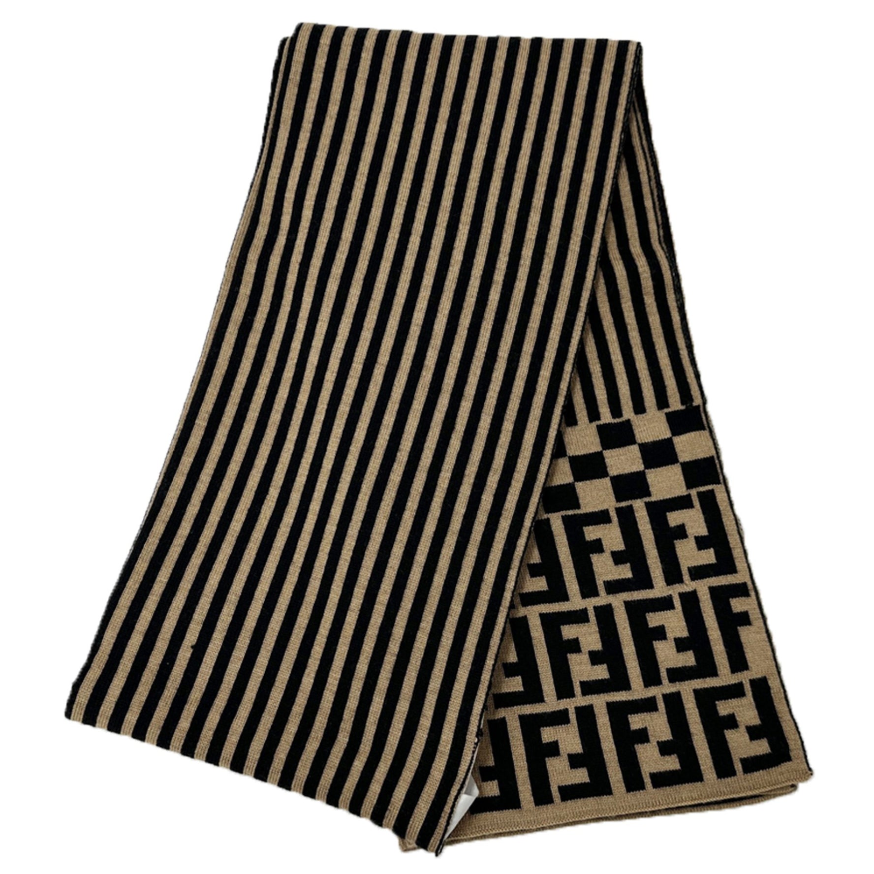 Fendi scarf and men, brand Zucca stole, wool, brown, black, logo, stripes