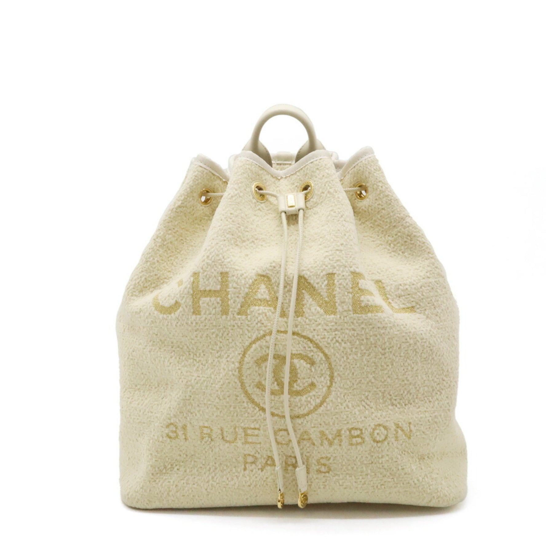 CHANEL Deauville Line Rucksack Shoulder Bag Chain Velour Light Beige