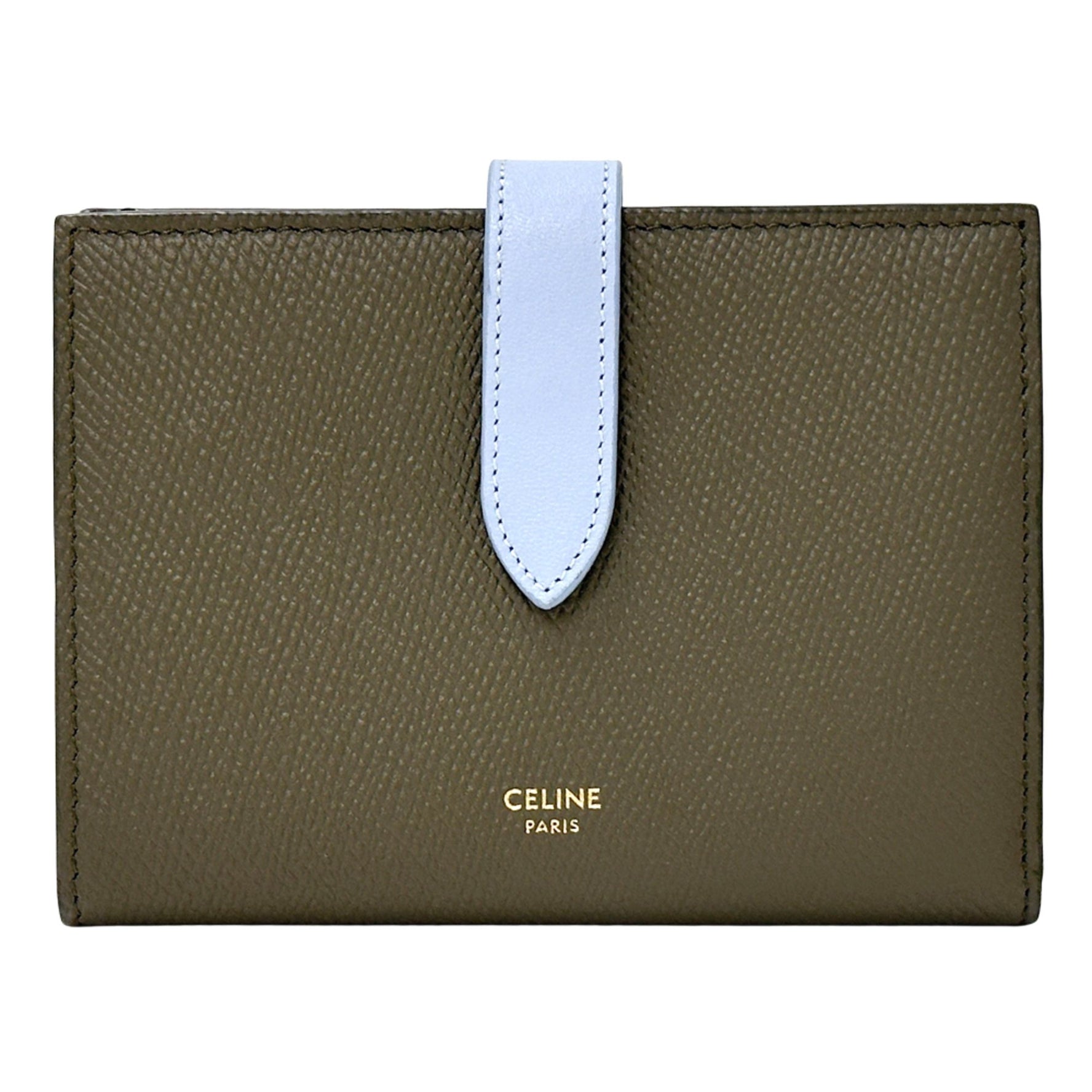 Celine wallet brand bifold leather medium strap khaki light blue compact