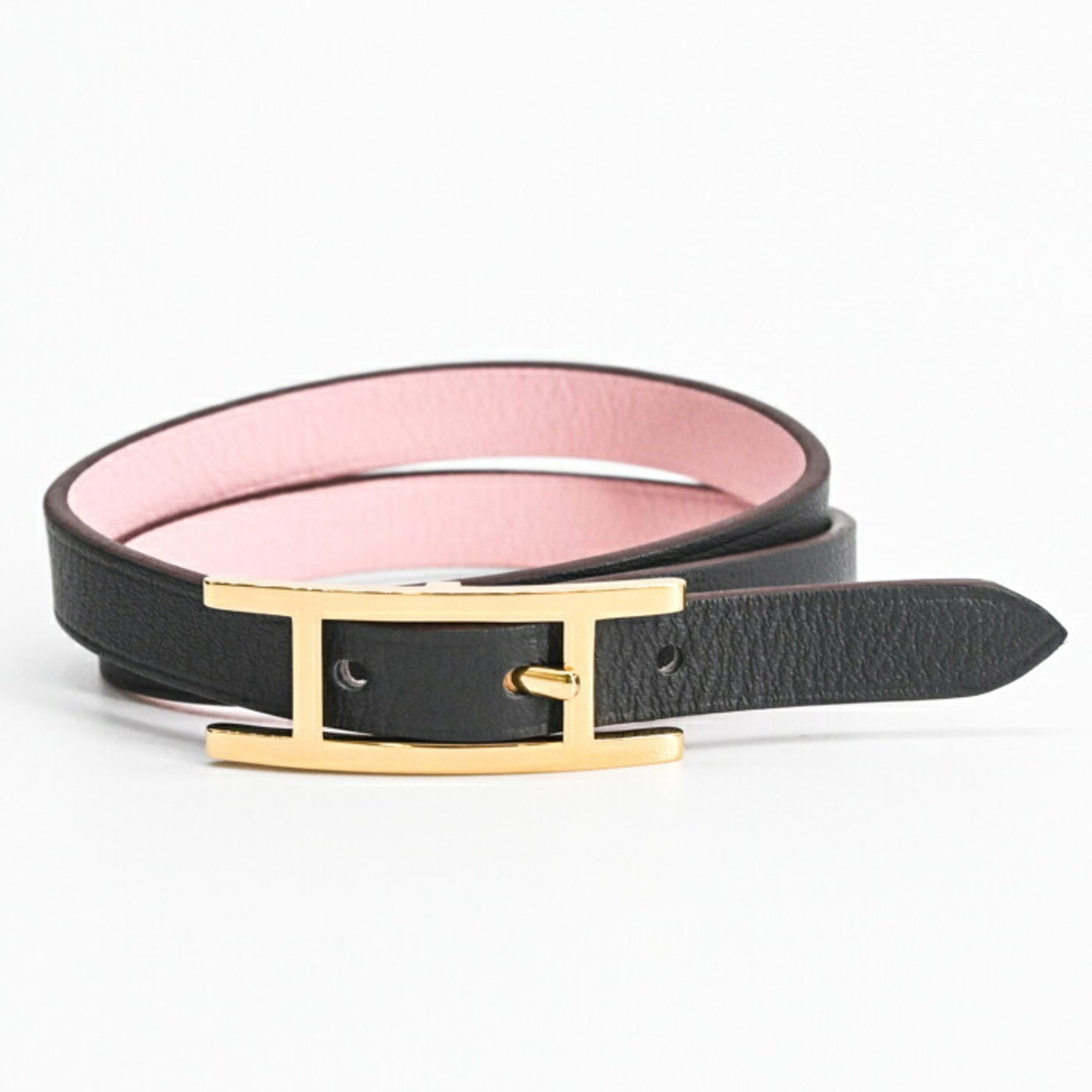 HERMES B-API Double Tour Leather Bracelet in Swift Leather, Reversible, Rose and Sakura Grey