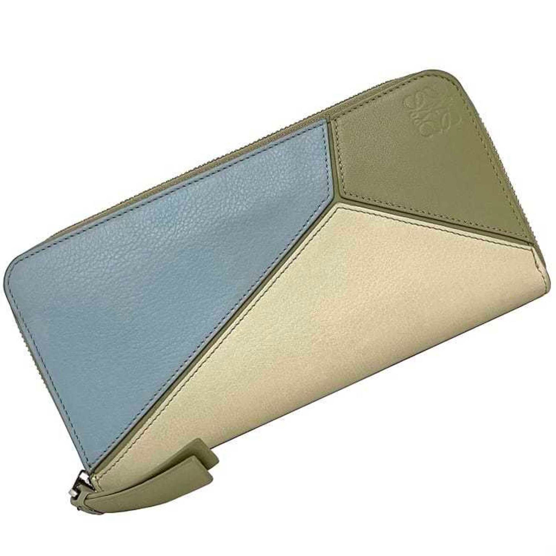 LOEWE Round Long Wallet Beige Light Blue Puzzle Zip Around Leather Anagram Engraved