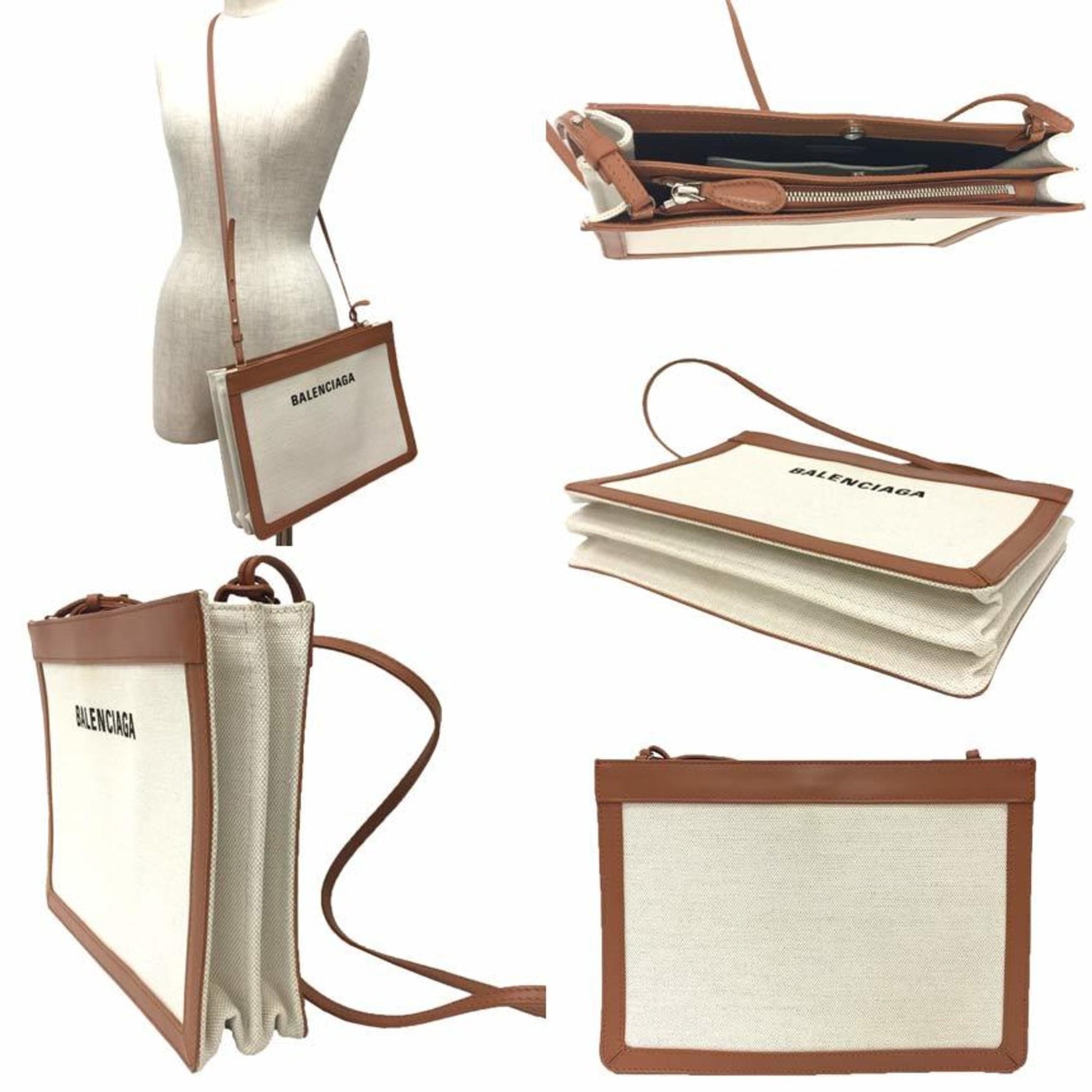 BALENCIAGA Navy Pochette Shoulder Bag Canvas/Leather White/Brown