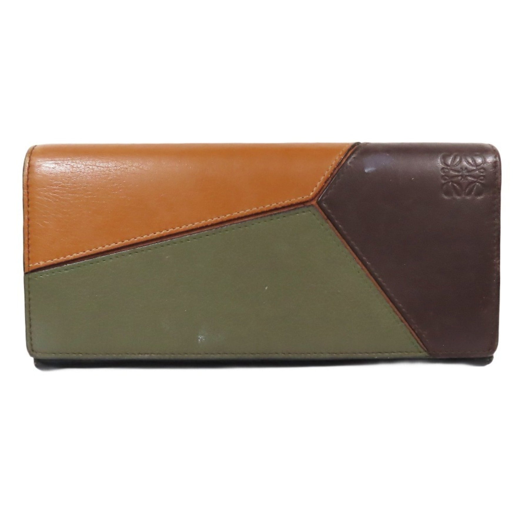 LOEWE Puzzle Horizontal Long Wallet, Anagram Engraved, Bi-fold, Leather, Brown, Green