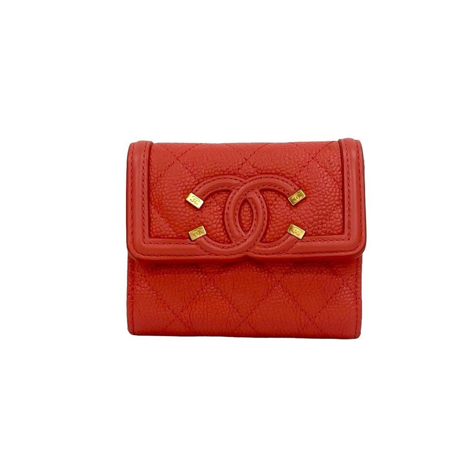 CHANEL CC Figurine Compact Wallet, Caviar Skin, Tri-fold Red, 320-3, No. 27