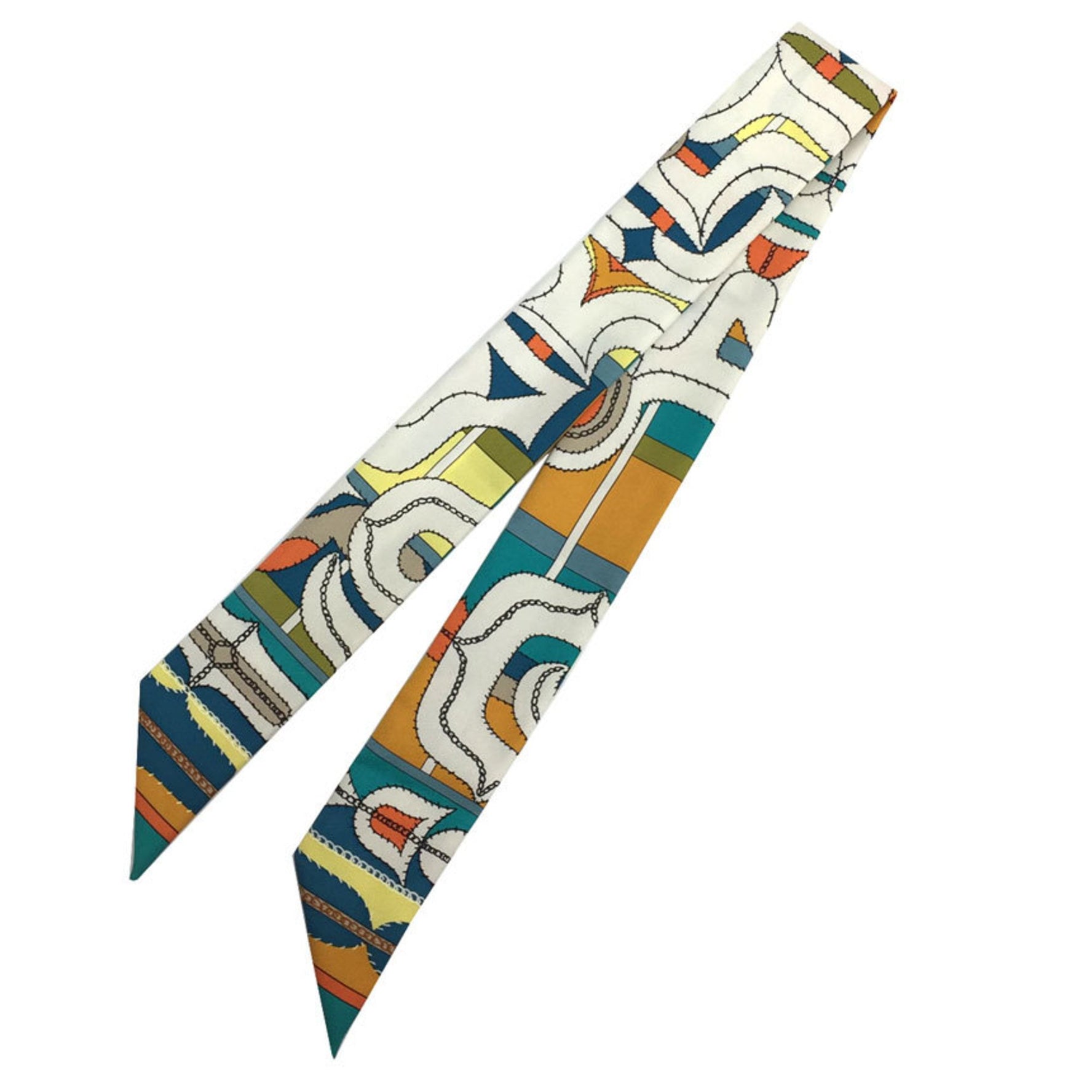 HERMES Twilly Scarf Muffler White x Orange Blue 100% Silk