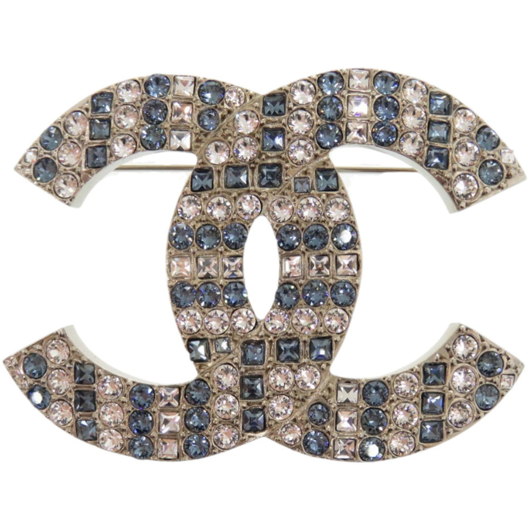Chanel Coco Mark Rhinestone Metal Silver and Blue Brooch