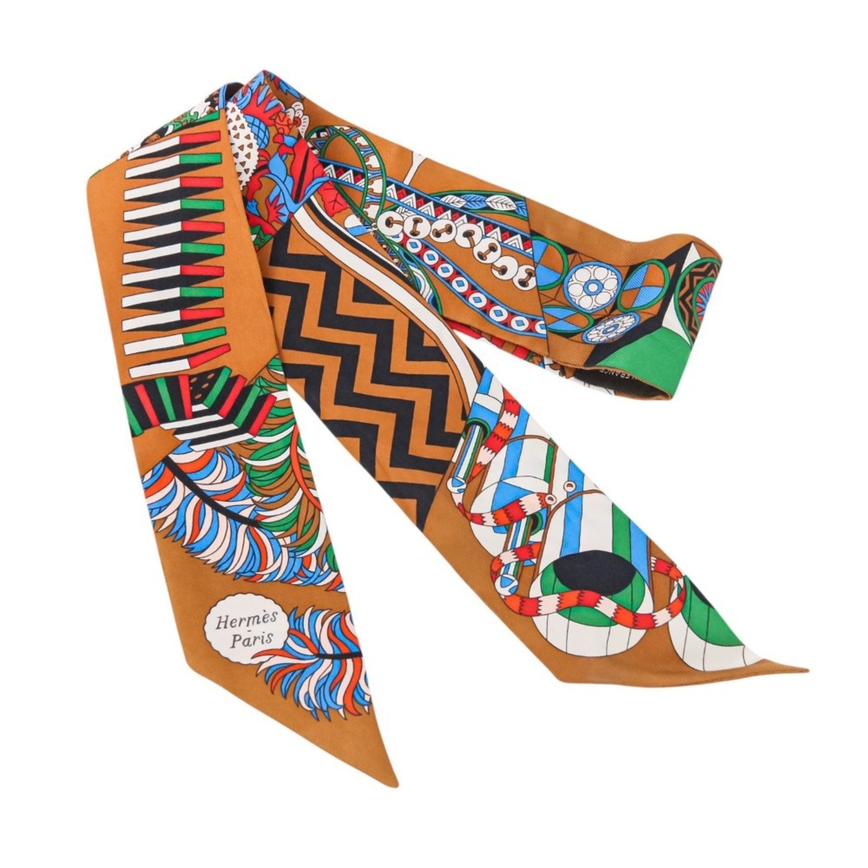 HERMES Twilly "De l'Ombrelle aux Duels Vieux" Silk Scarf/Muffler in Camel Vert Blue