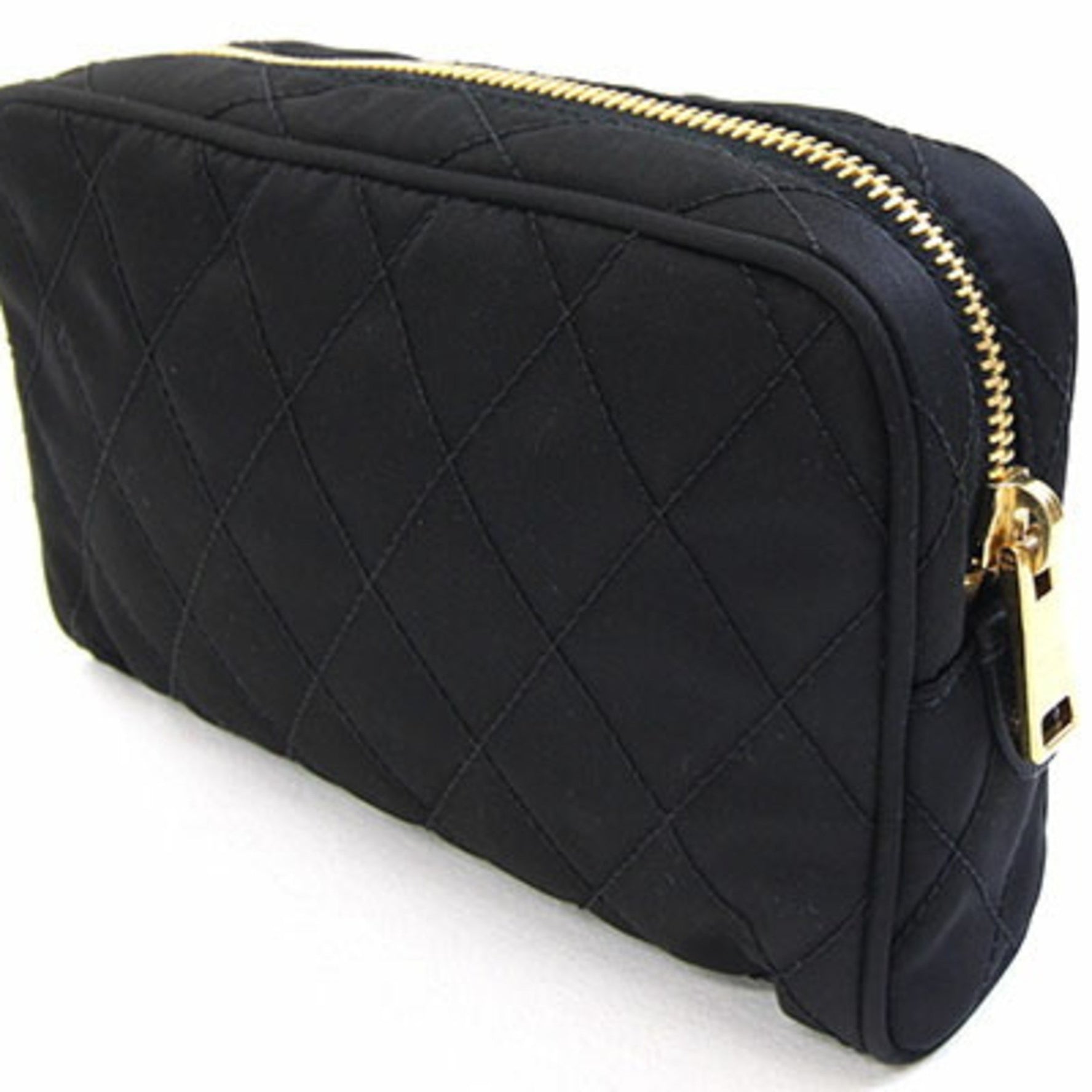 Prada Pouch Black Nylon and Leather Clutch Bag with Strap, Floral Embroidery