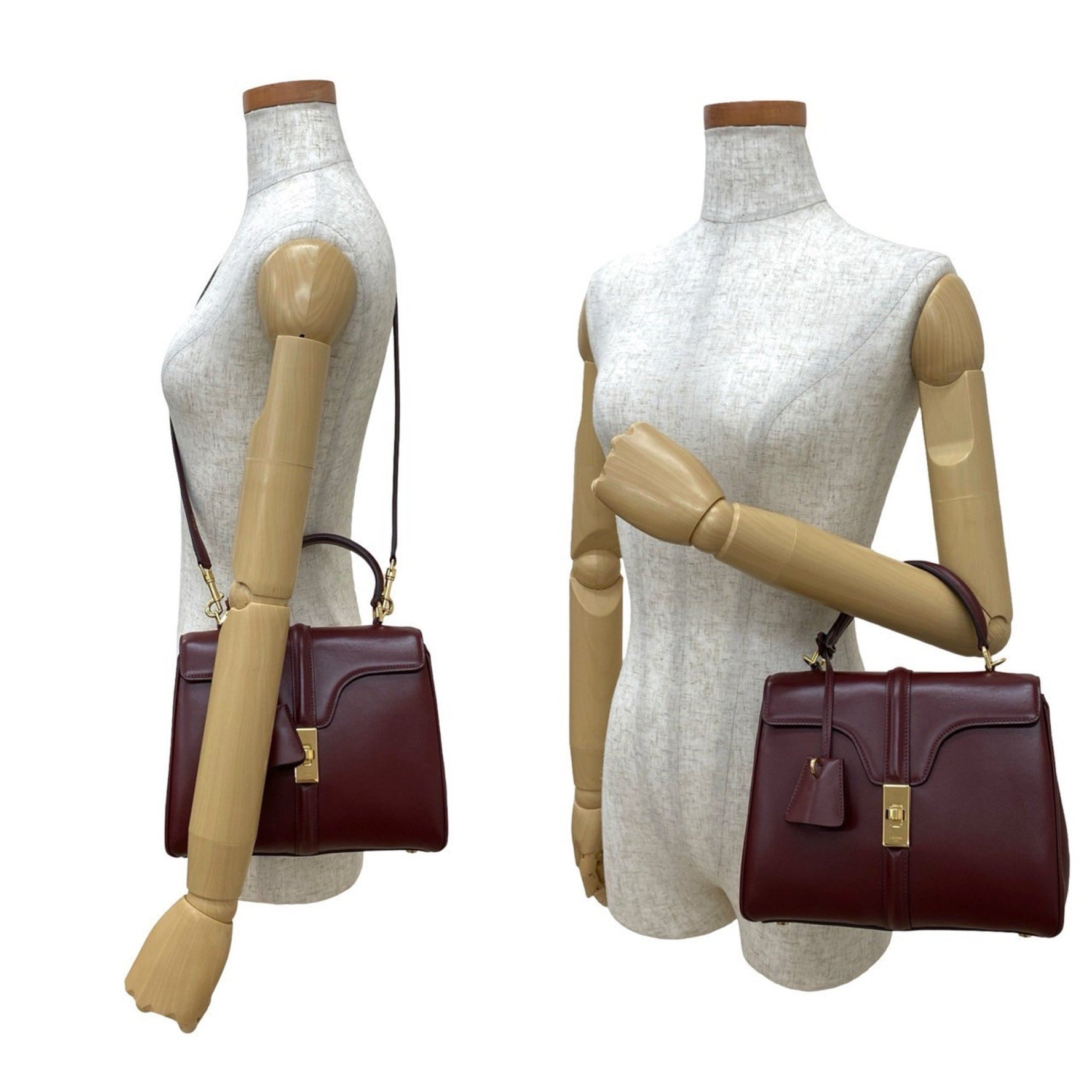 CELINE 16 Seize Small Logo Turnlock Hardware Leather Handbag/Shoulder Bag Bordeaux
