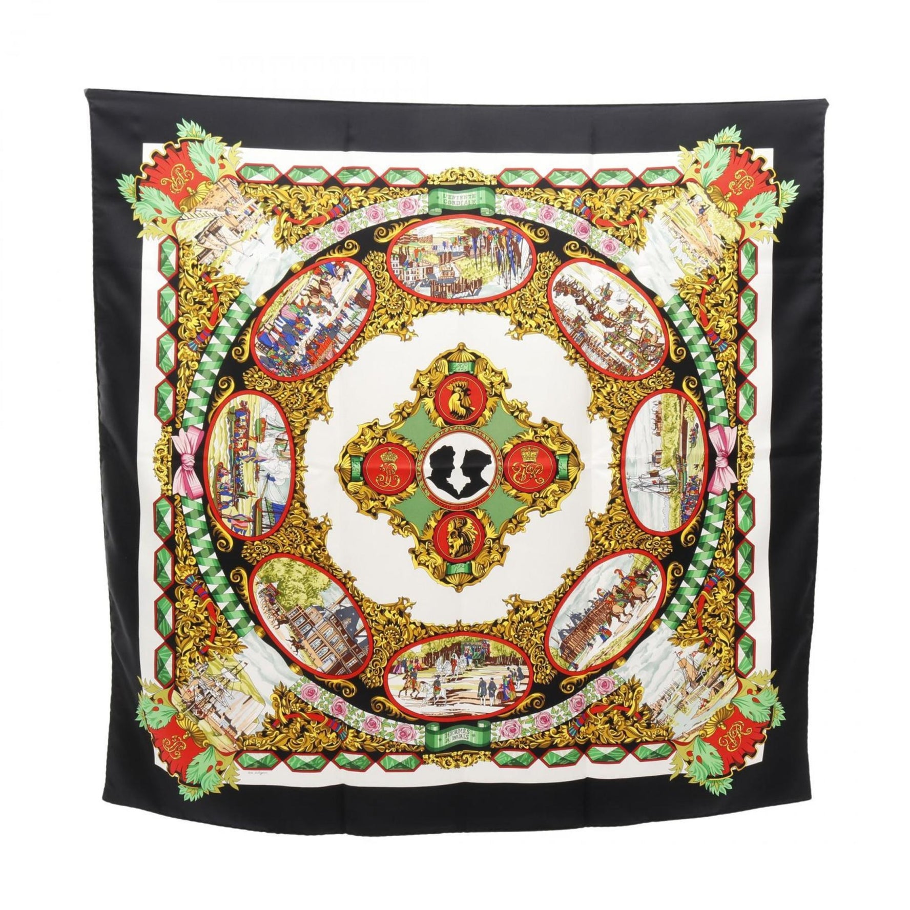 Hermès HERMES Carré 90 L'ENTENTE CORDIALE Silk Scarf Black/White/Multicolor