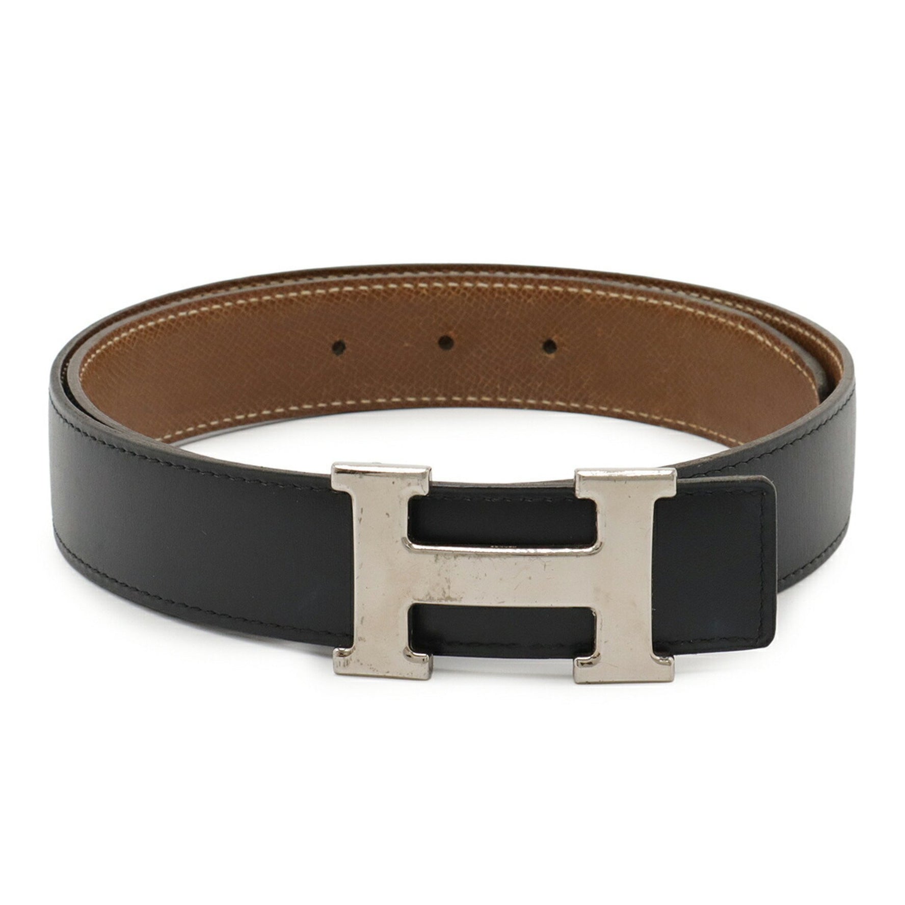 HERMES H-belt with H-buckle, reversible leather, black and brown, #80, stamped E