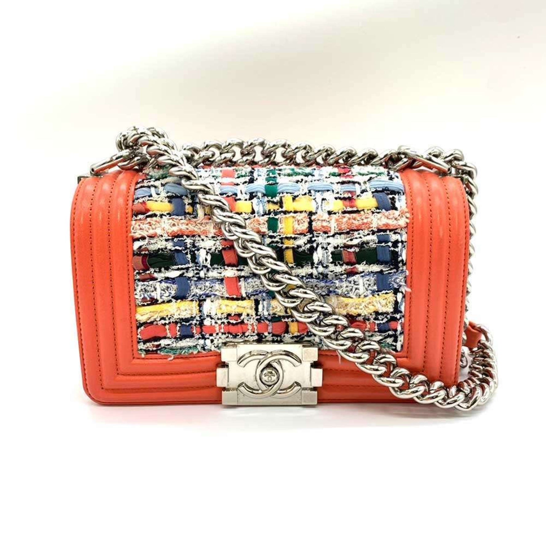 Chanel Bag Boy Chain Shoulder Coral Orange x Multicolor Horizontal Tweed Leather