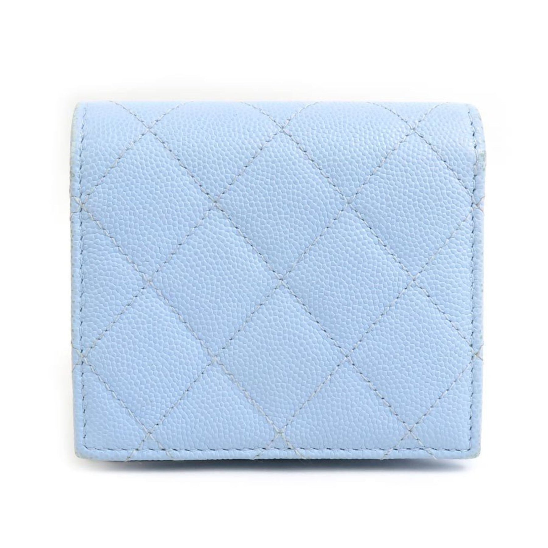 CHANEL Bi-fold Wallet Caviar Skin Leather Light Blue