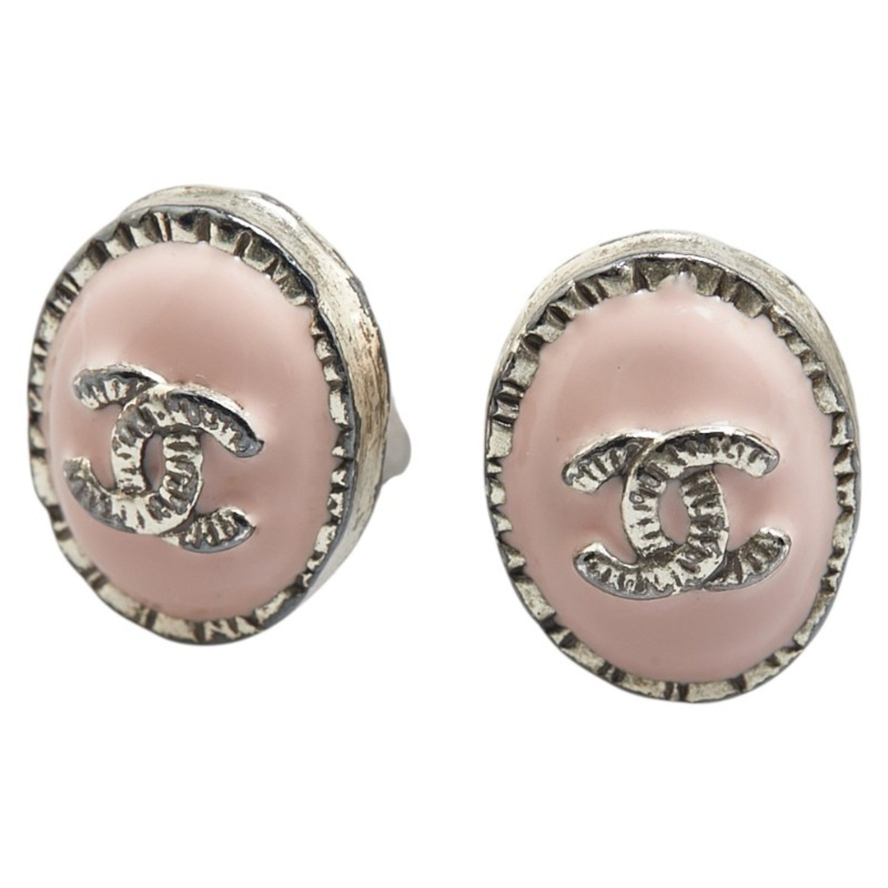 CHANEL Coco Mark Oval Earrings Silver Pink Metal