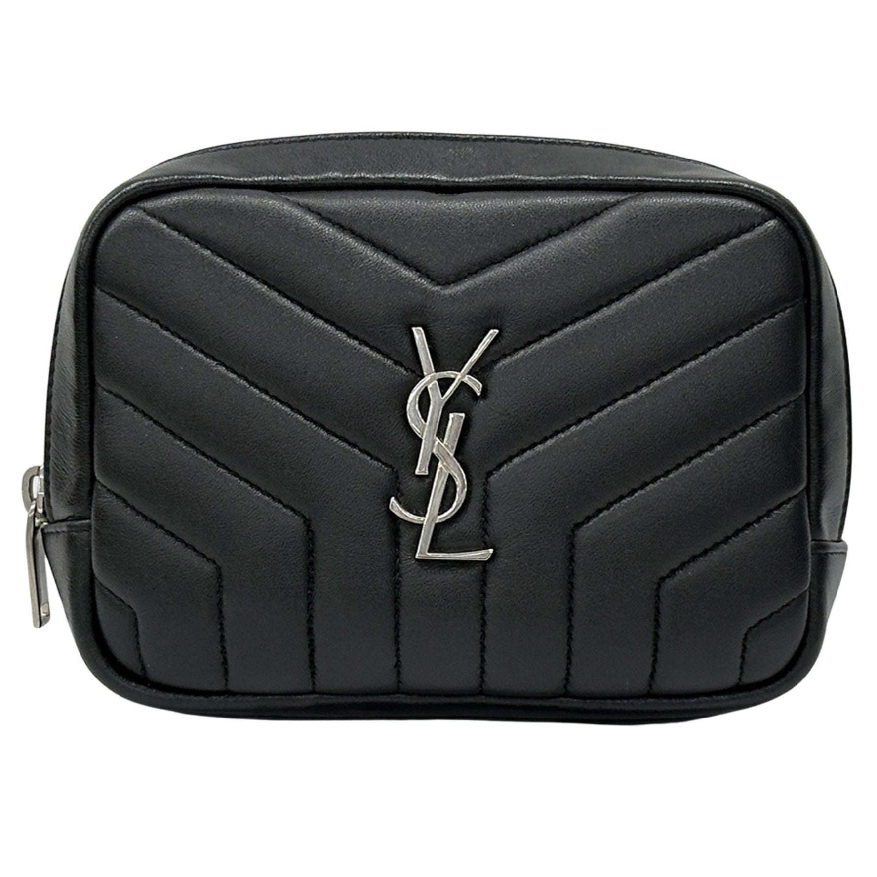 YSL quilted leather pouch, black and silver, Saint Laurent .
