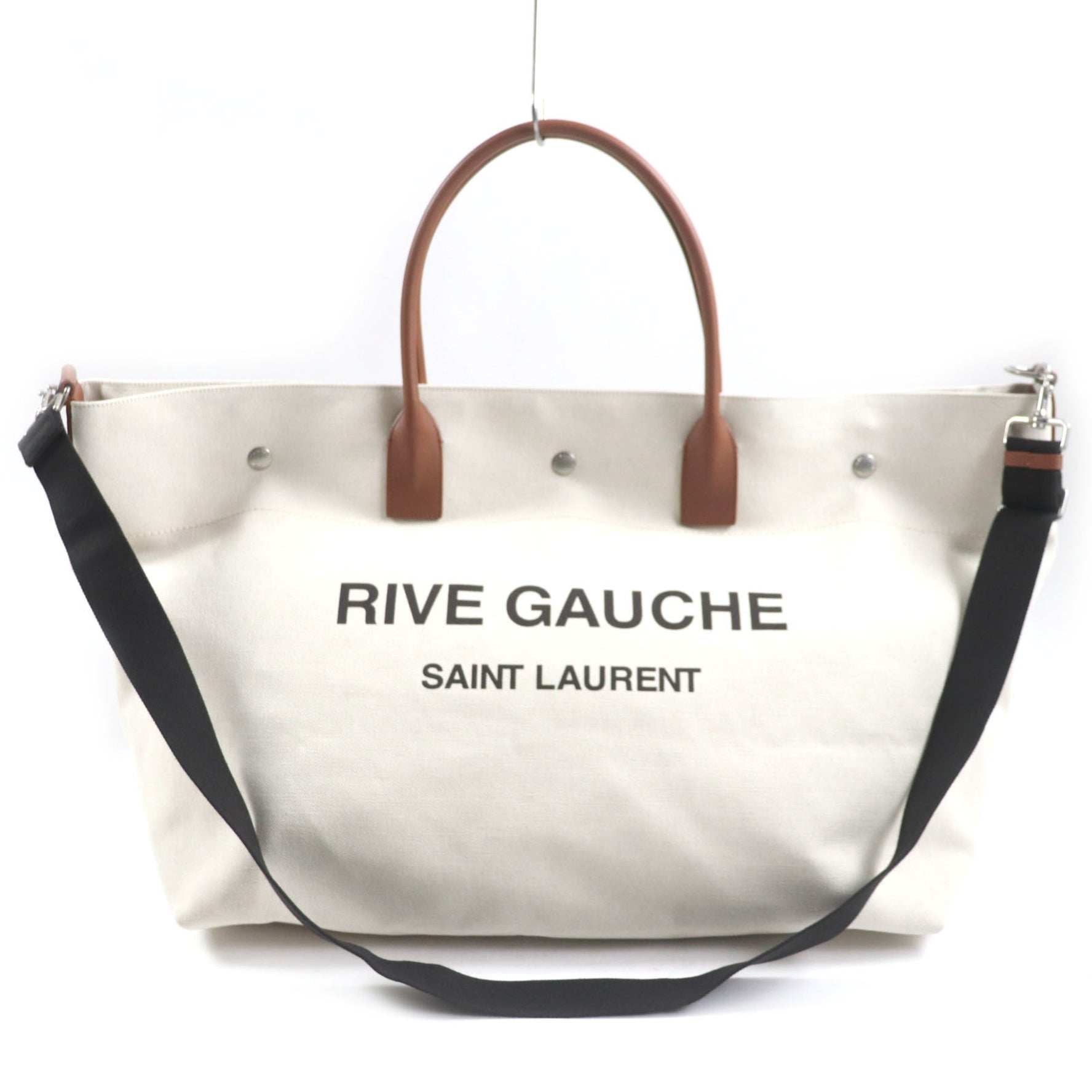 SAINT LAURENT Rive Gauche Maxi Shopping Bag, Canvas and Leather Tote Beige Brown, Includes Dust Made in Italy
