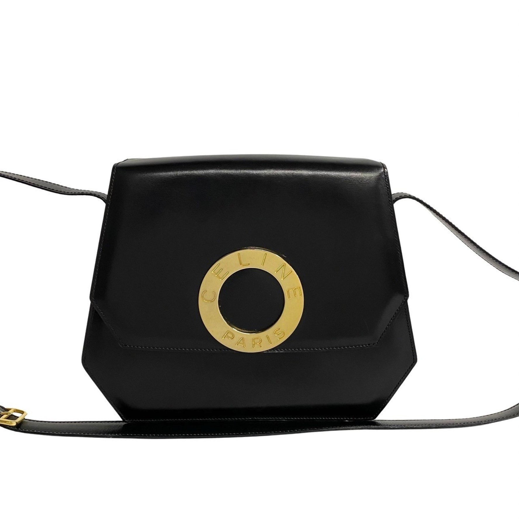 CELINE Circle Metal Fittings Calf Leather Shoulder Bag Pochette Red Lining