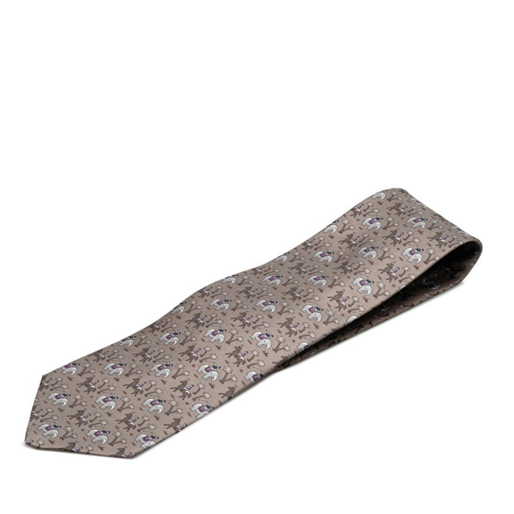 Hermes Elephant and Horse Animal Print Tie Grey Multicolor Silk