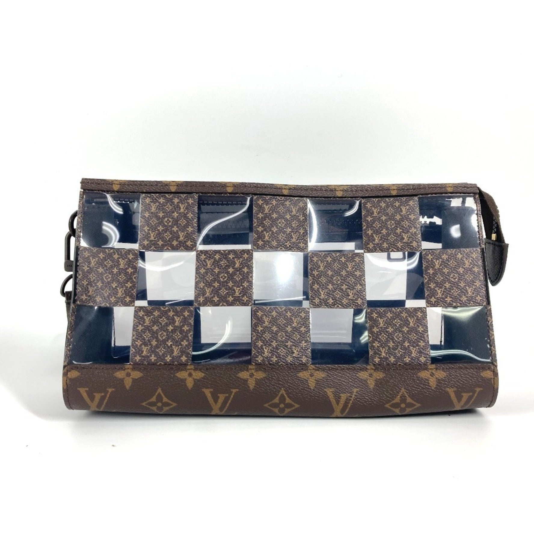 Louis Vuitton Monogram Chess Damier Stand Pouch Bag with Strap Clutch Vinyl Canvas Brown