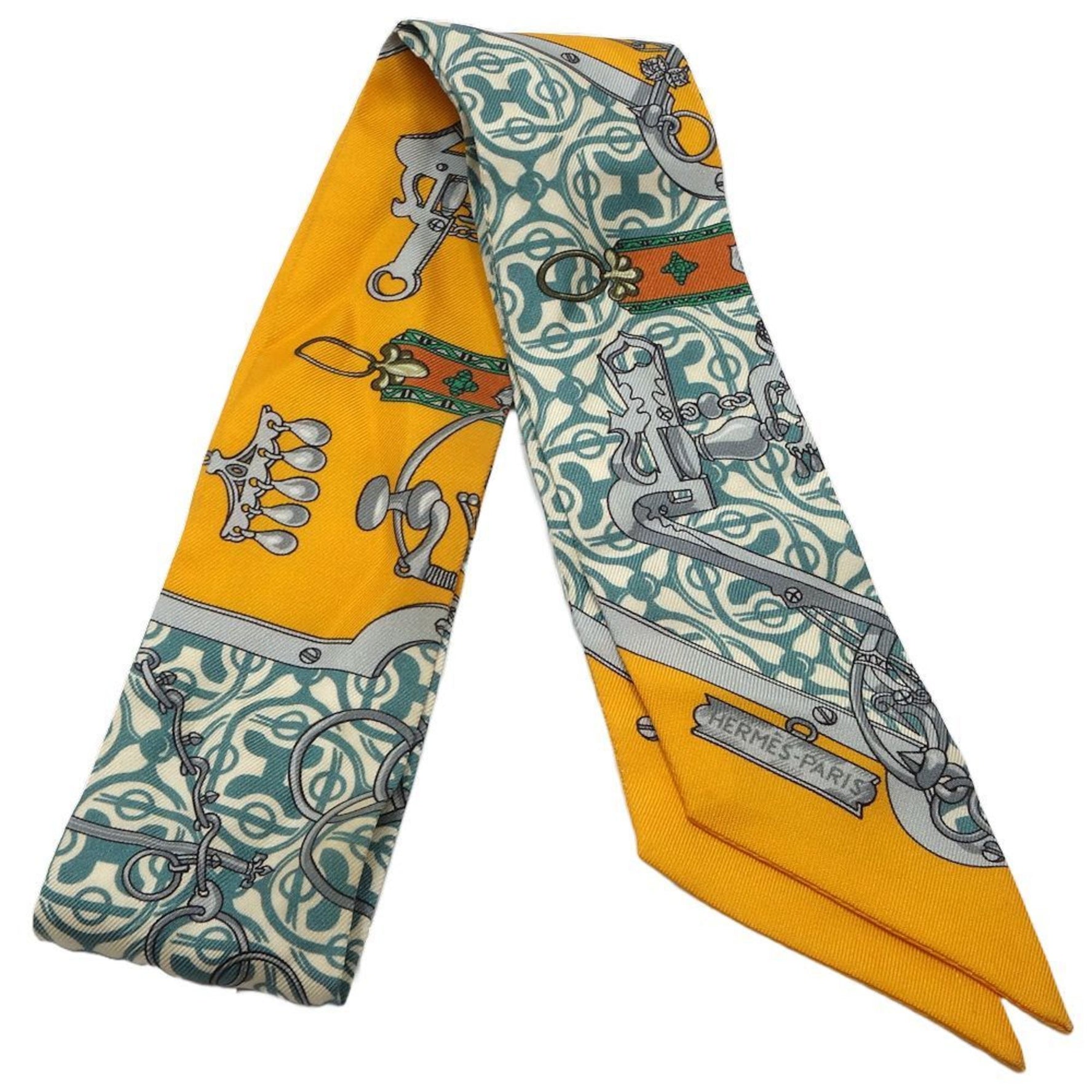 HERMES Scarf Twilly Horse Bit and Chain Silk Multicolor Orange Green