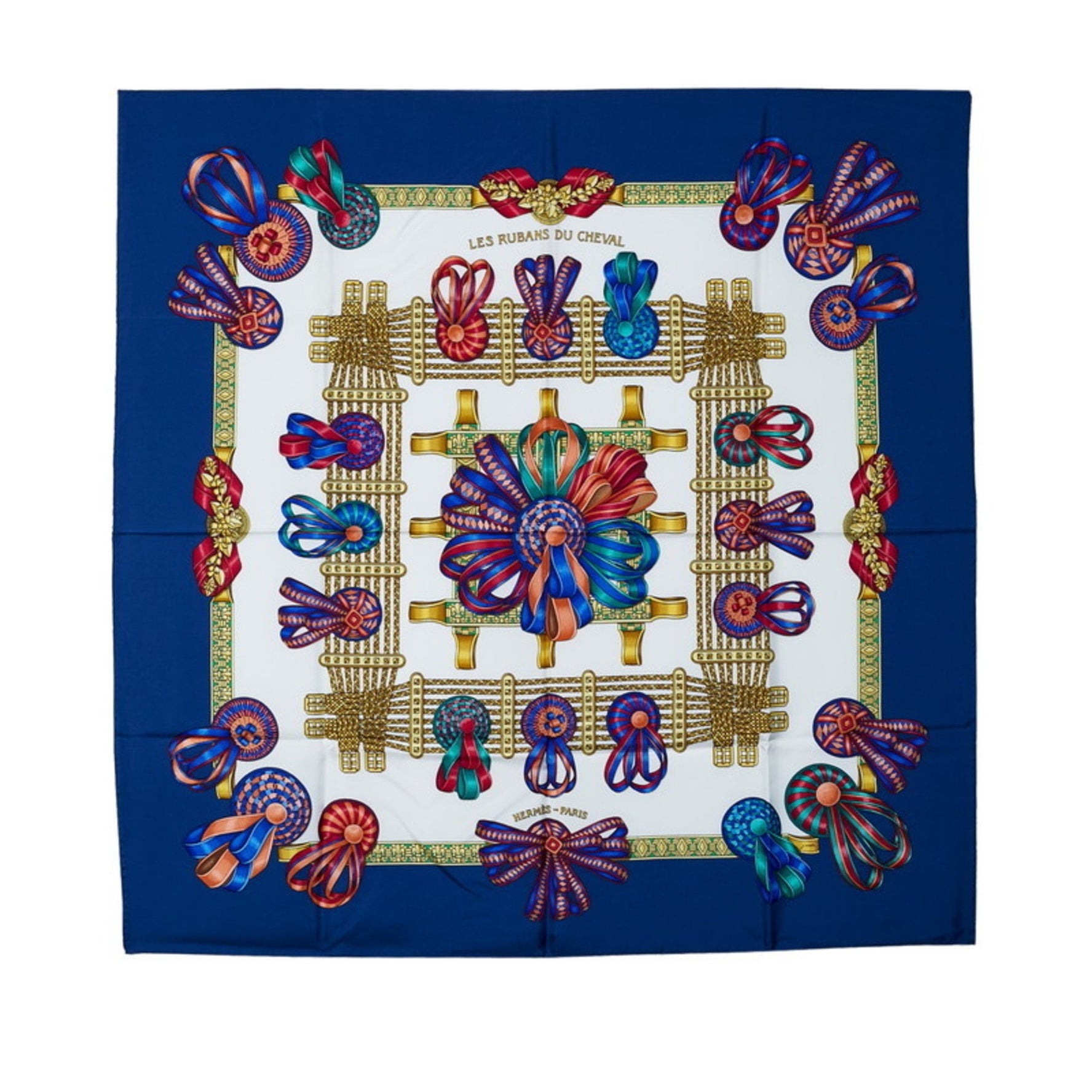 Hermes Carré 90 Horse Ribbon LES RUBANS DU CHEVAL Scarf Muffler Gold Silk
