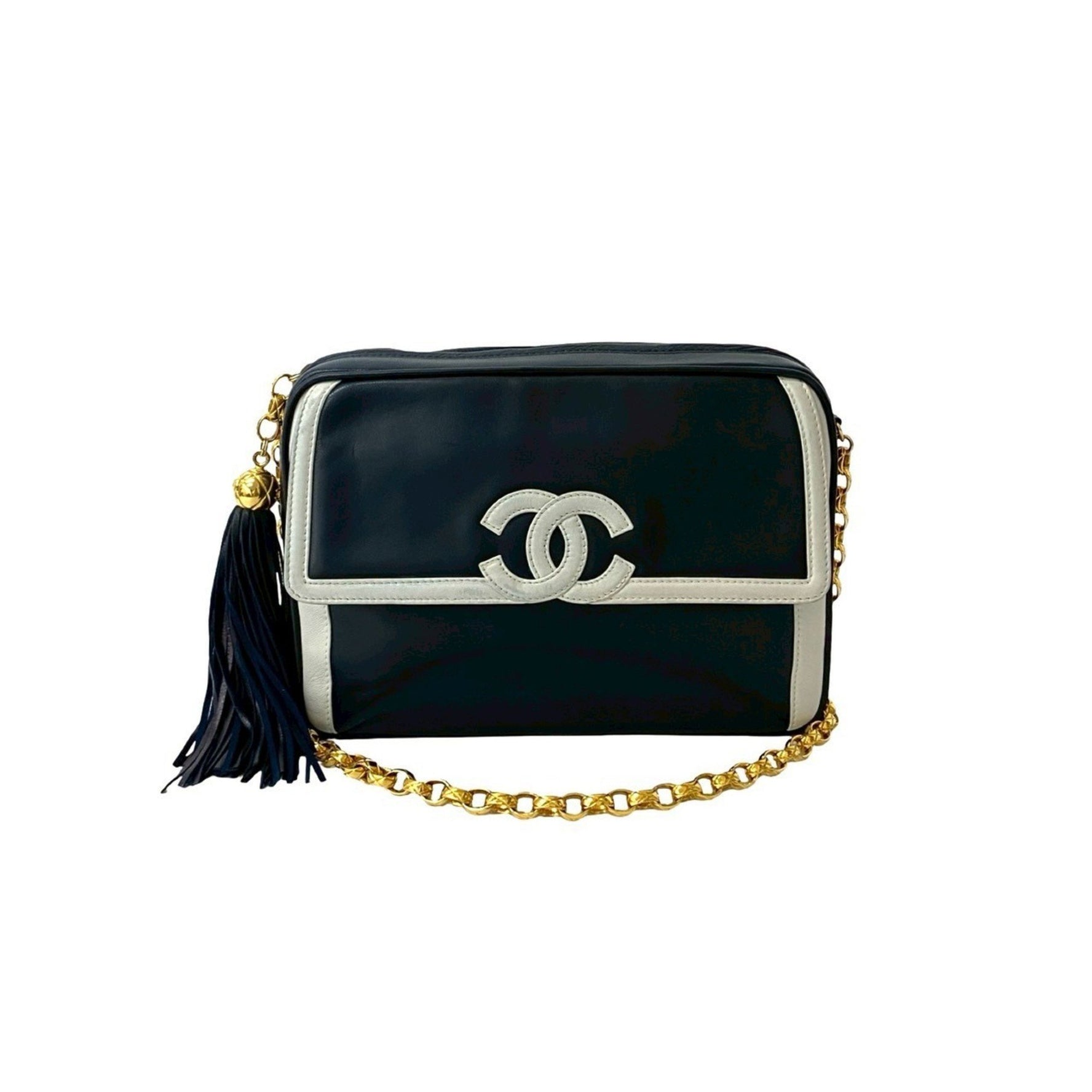CHANEL Vintage Coco Lambskin Leather Tassel Chain Shoulder Bag, Navy Blue