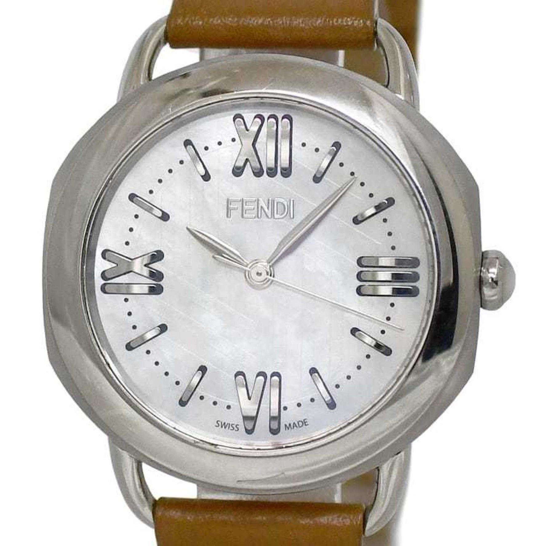Fendi Watch White Shell Brown Silver Selleria SS Leather Quartz Battery Operated Dial Strap Bracelet Three Hands