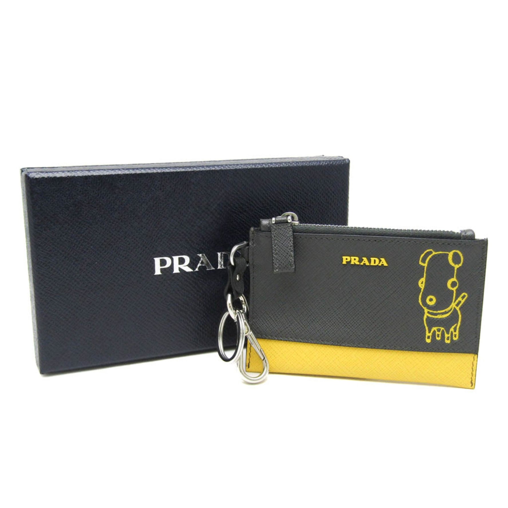Prada Saffiano Dog Illustration Print With Key Ring 2TT080 Men,Women Leather Coin Purse/coin Case Gray,Yellow