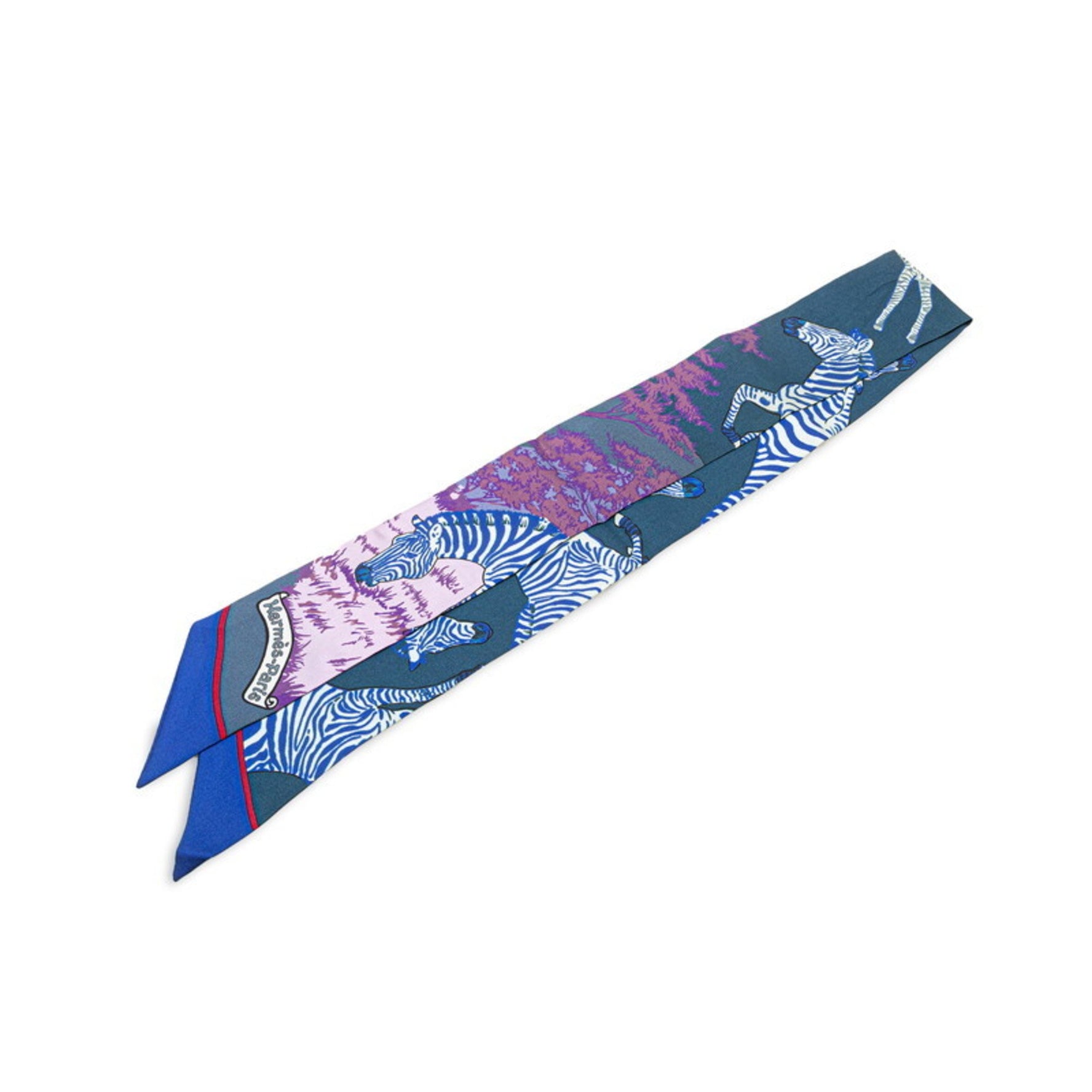 Hermes Hermès Twilly "Les Zebras" Zebra Scarf, Navy Blue and Multicolor Silk