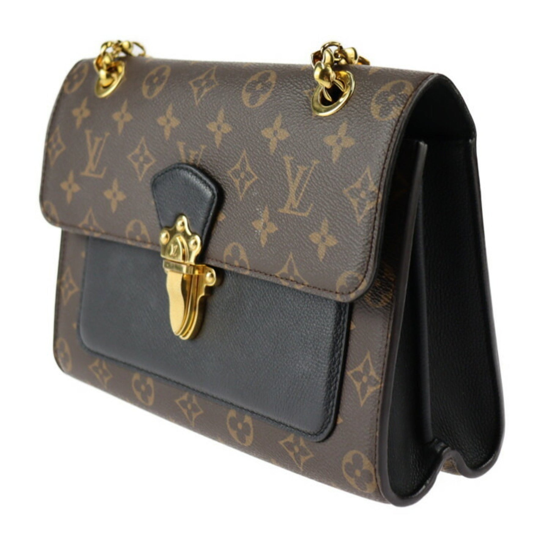 Louis Vuitton Victoire Shoulder Bag Monogram Canvas Calfskin Brown Black Gold Hardware Chain