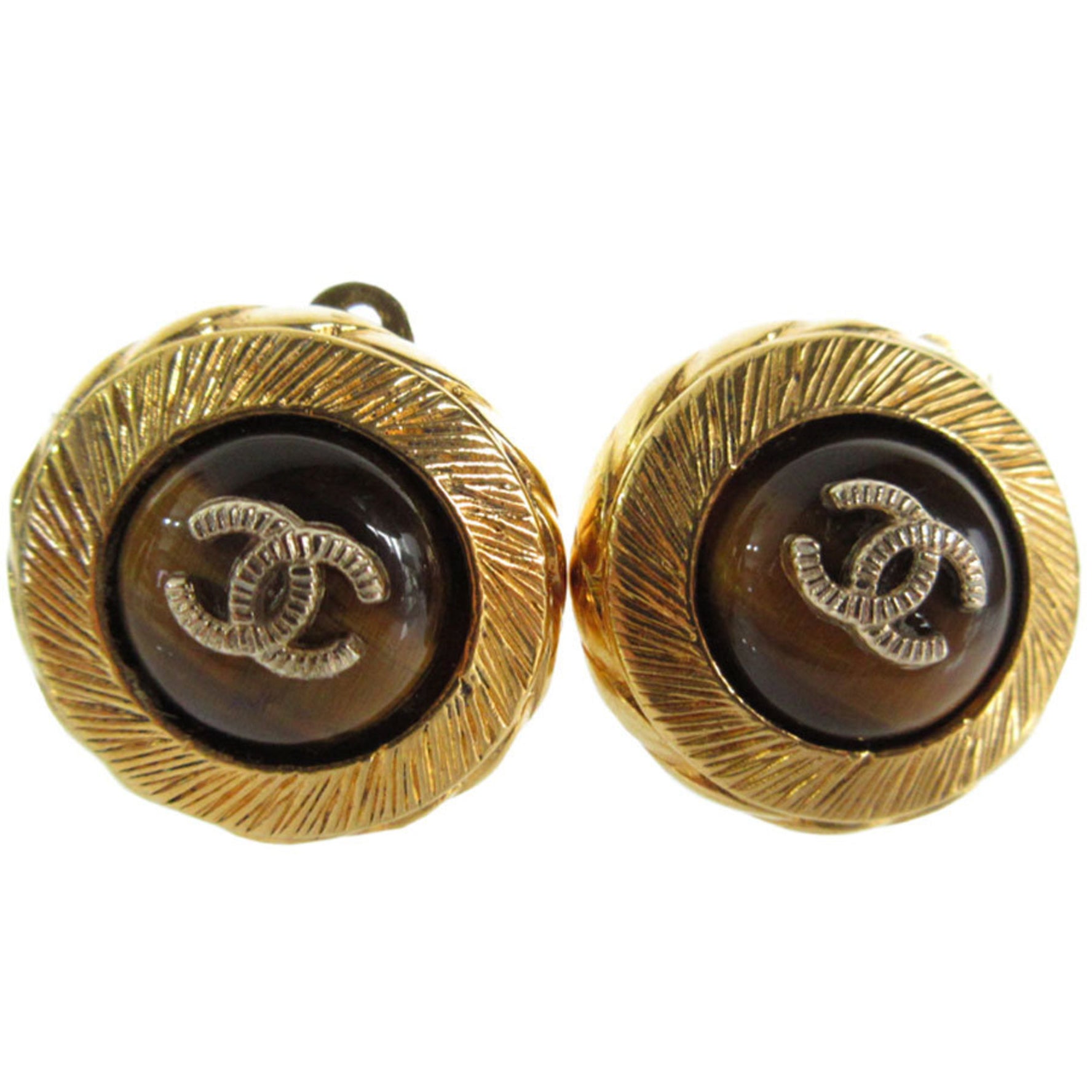 CHANEL Earrings Coco Mark Metal Stone Gold Brown