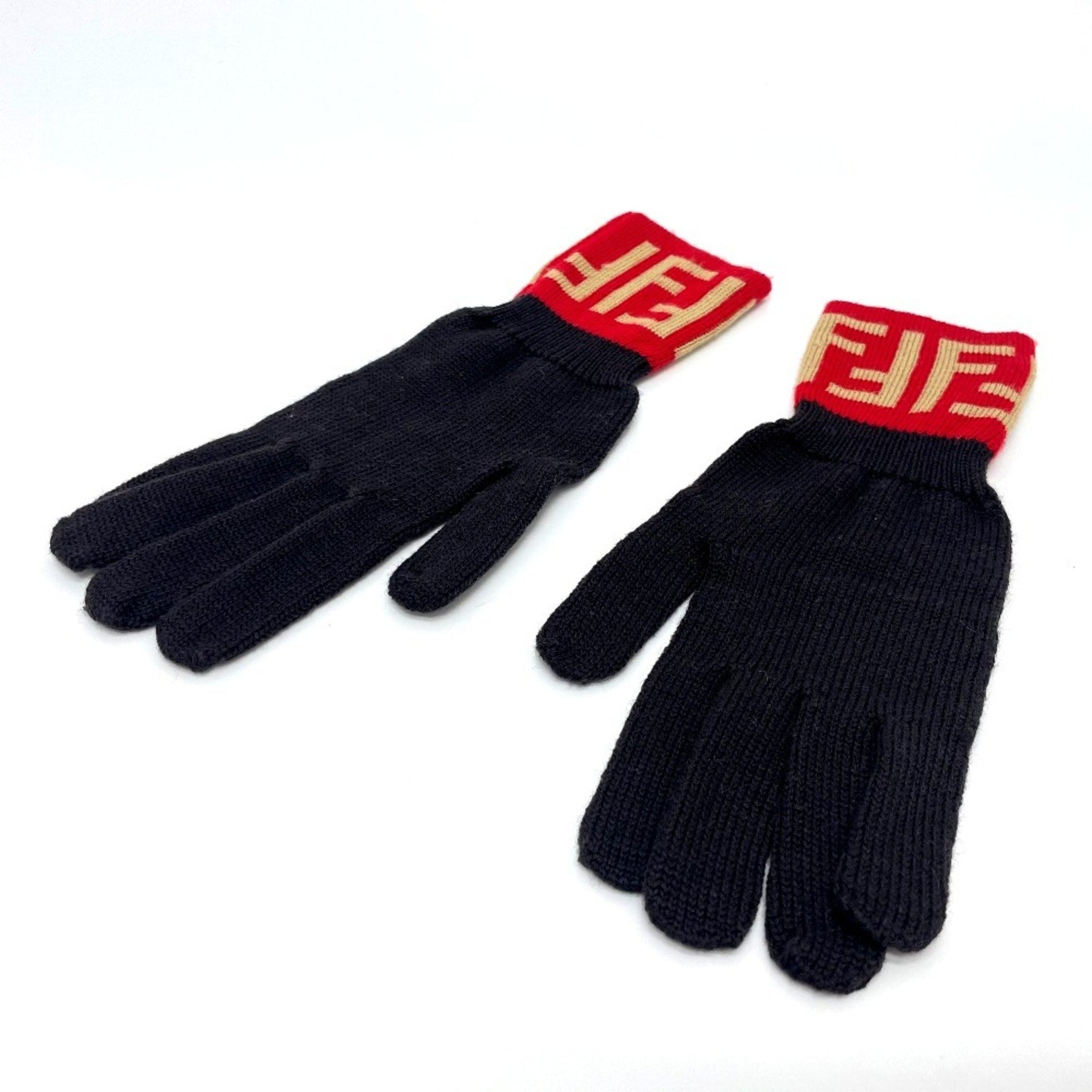 FENDI Zucca Gloves Wool Brown x Red